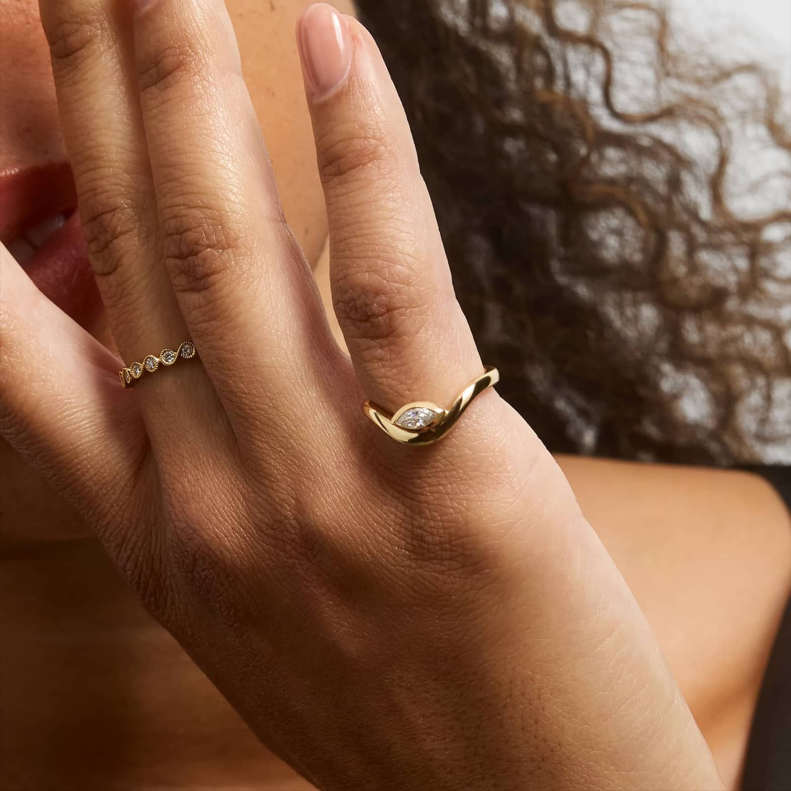 Bezel Curved Ring With 0.20 CTW Marquise Cut Lab-Grown Diamond In 14K Yellow Gold