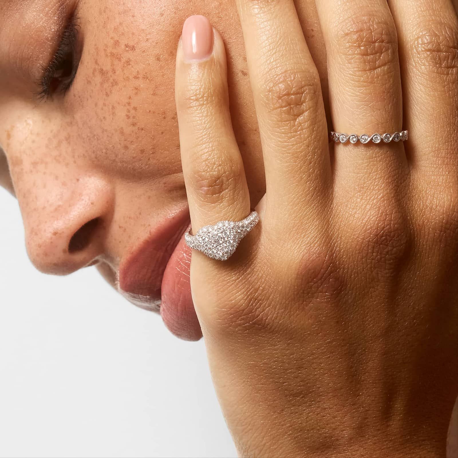 Pavé Heart Signet Ring With 0.75 CTW Round Lab-Grown Diamonds In 14K White Gold