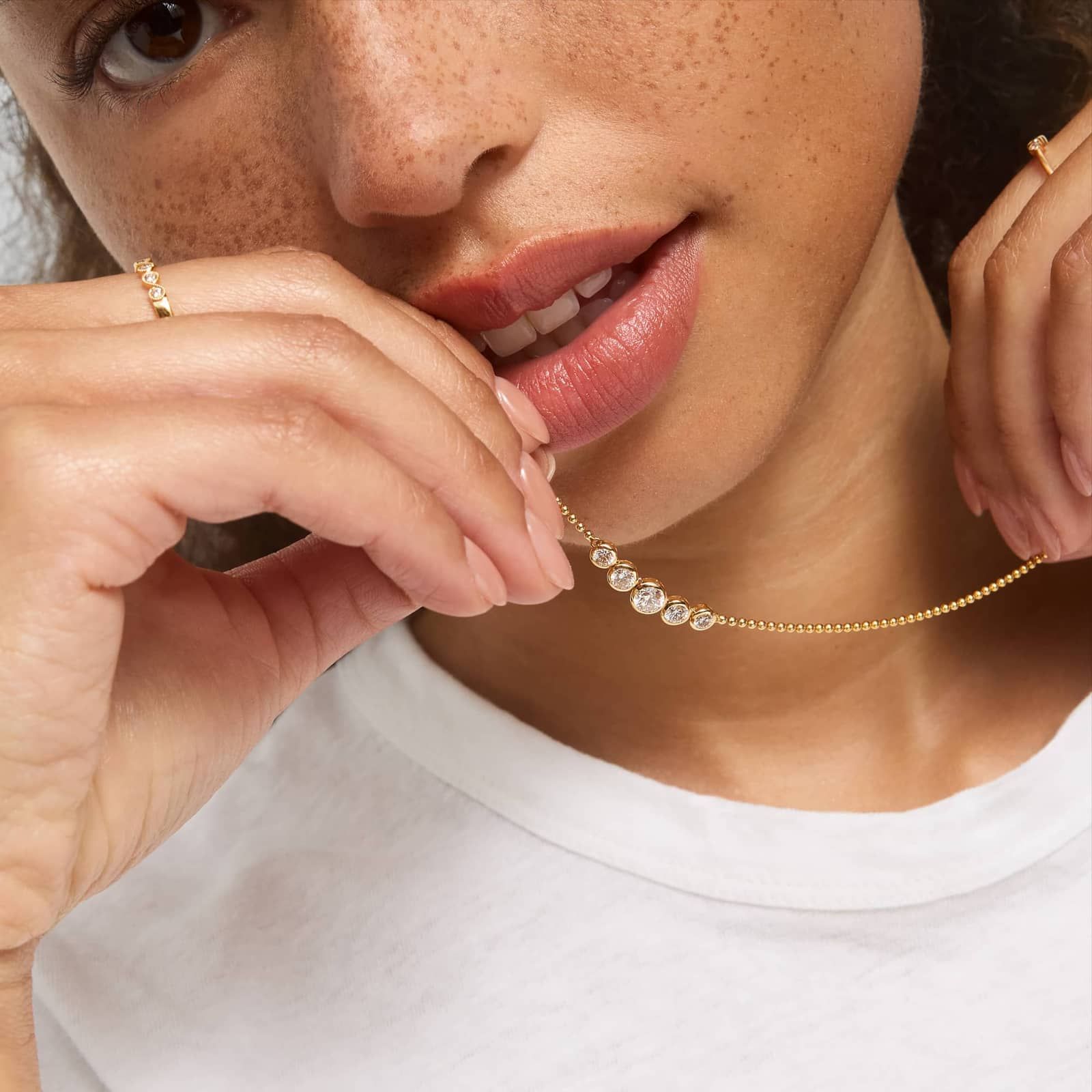 Bezel Bead Chain Smile Necklace With 1 CTW Round Cut Lab-Grown Diamonds In 14K Yellow Gold