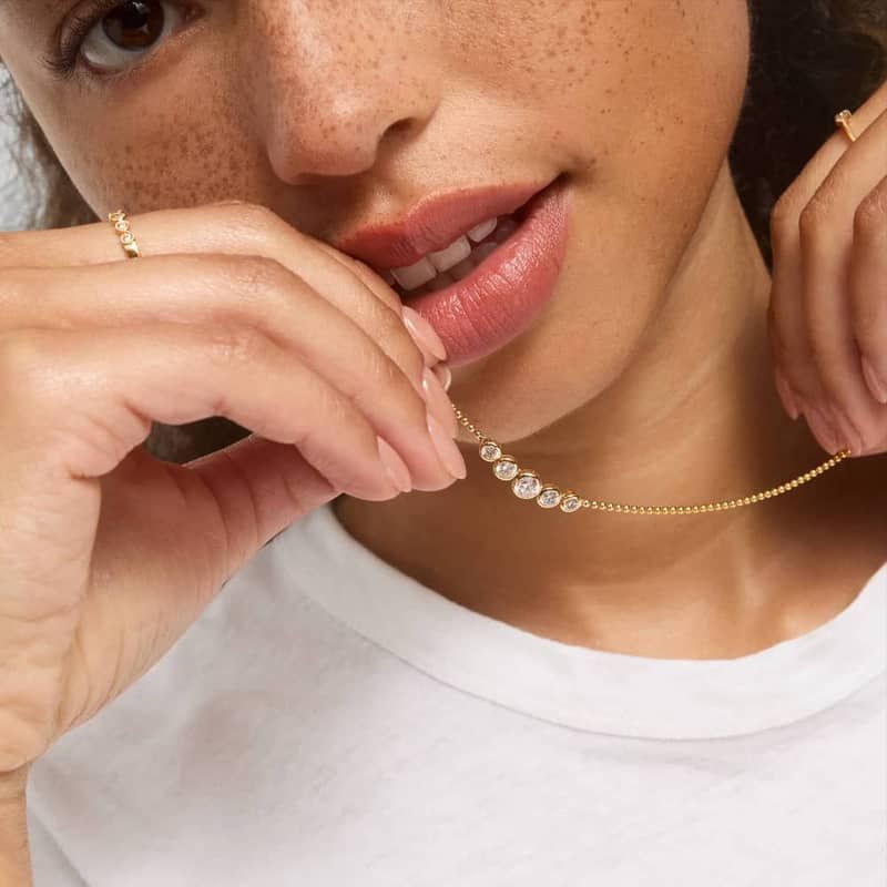 Bezel Bead Chain Smile Necklace With 1 CTW Round Cut Lab-Grown Diamonds In 14K Yellow Gold