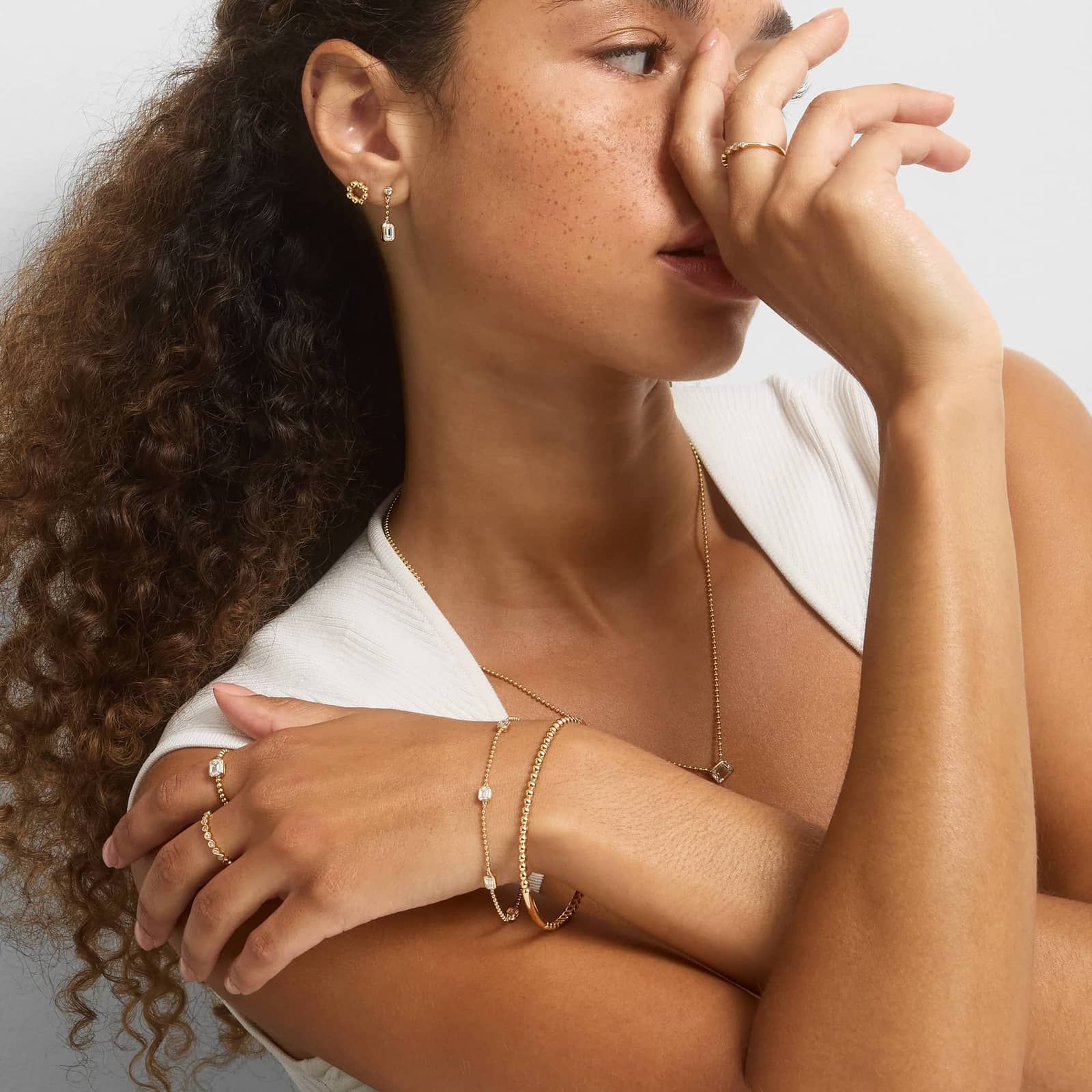 East-West Bezel Beaded Station Bracelet With 1 CTW Emerald Cut Lab-Grown Diamonds in 14K Yellow Gold