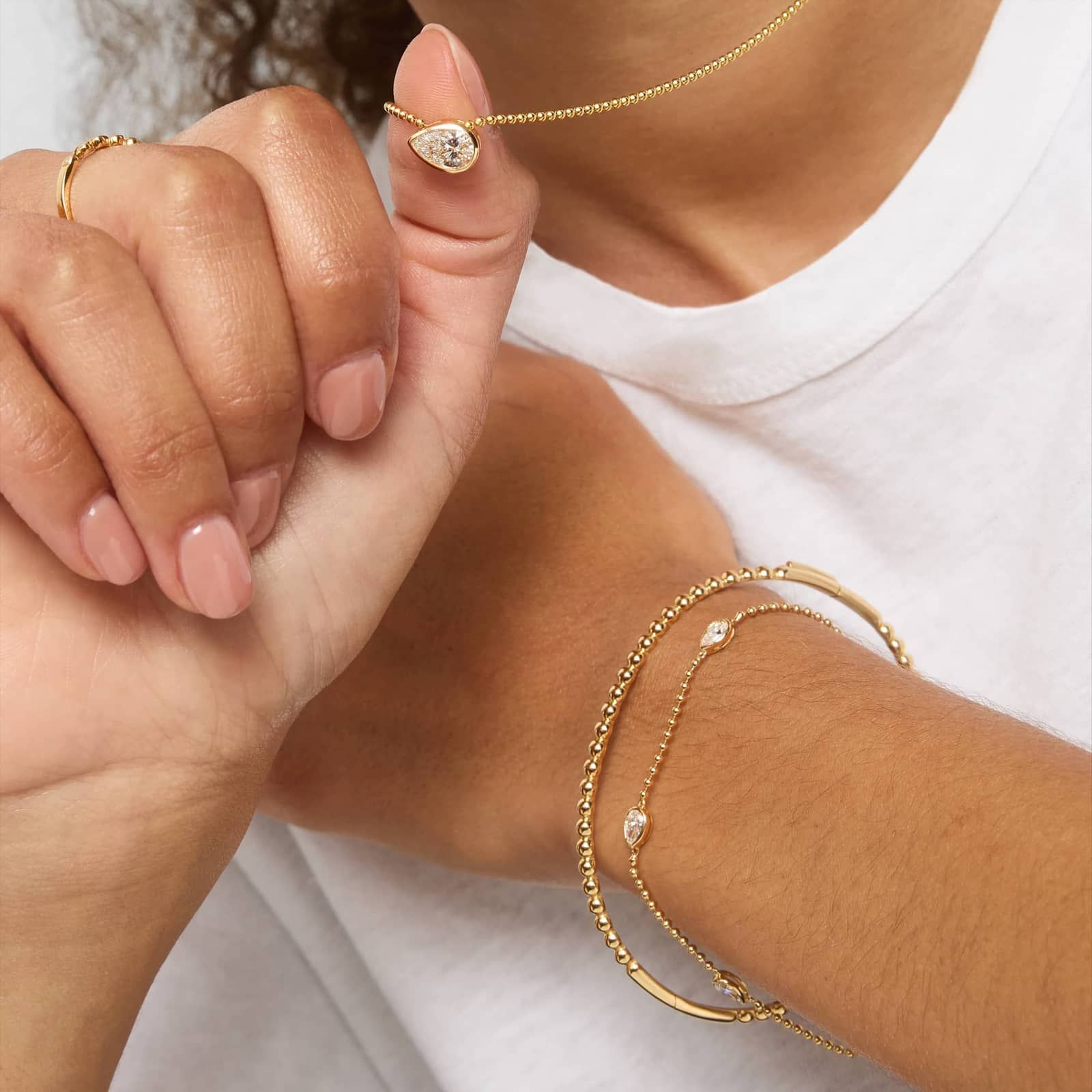 East-West Bezel Beaded Station Bracelet With 1 CTW Pear Shaped Lab-Grown Diamonds in 14K Yellow Gold