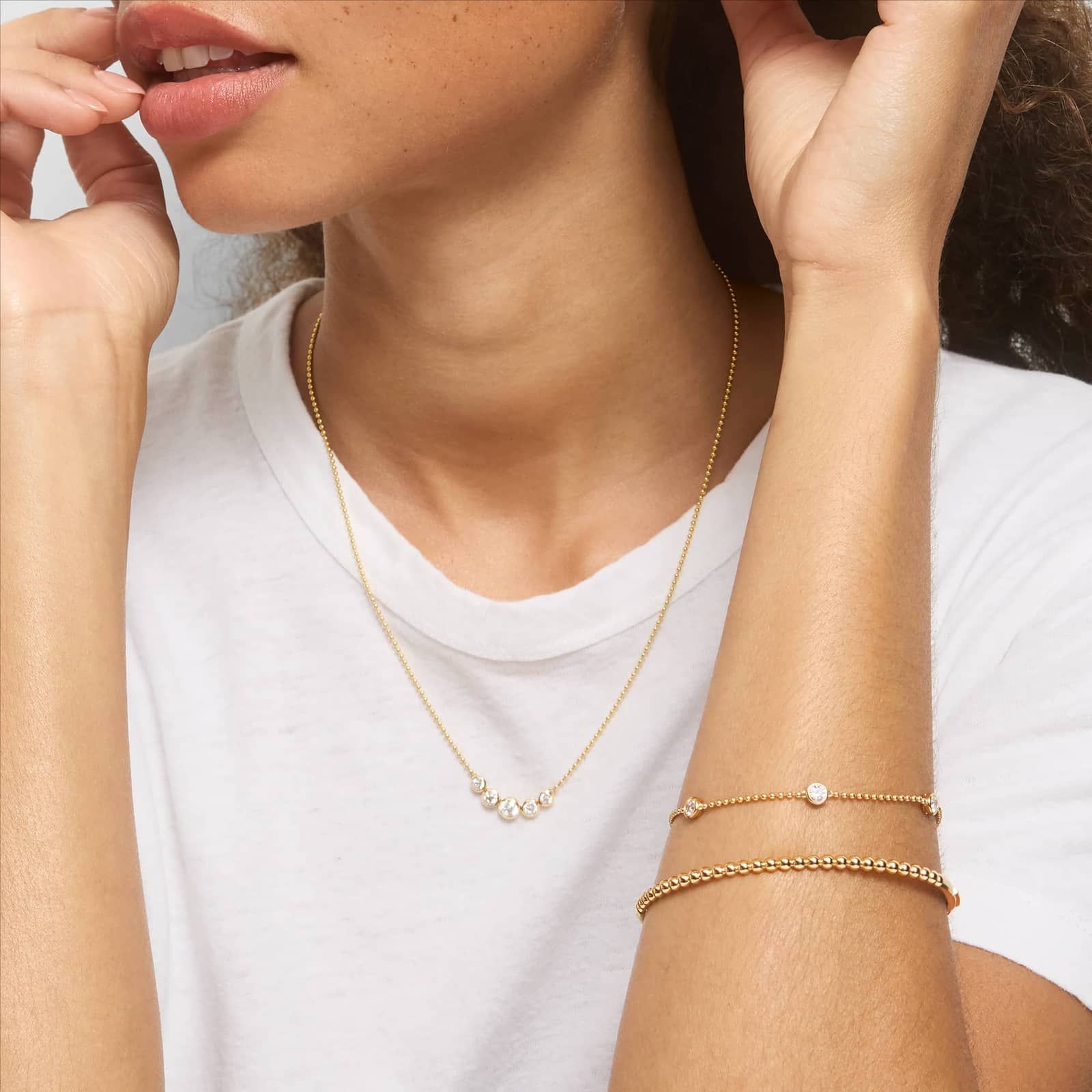 Bezel Beaded Station Bracelet With 1 CTW Round Cut Lab-Grown Diamonds in 14K Yellow Gold