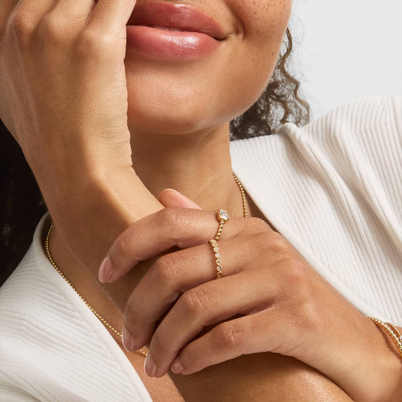 East-West Bezel Beaded Ring With 0.5 CTW Emerald Cut Lab-Grown Diamond in 14K Yellow Gold