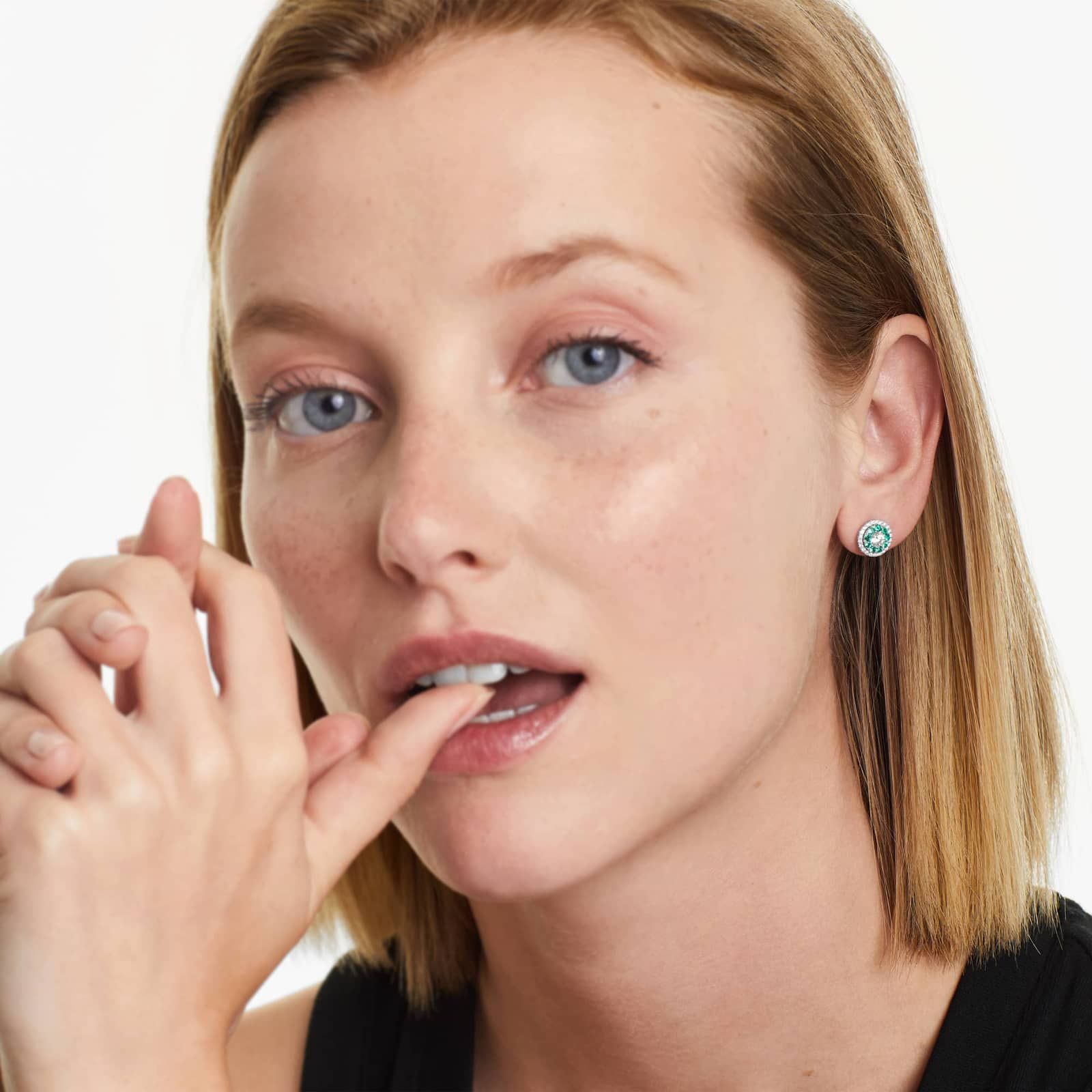 Emerald And Diamond Double Halo Stud Earrings In 14K White Gold