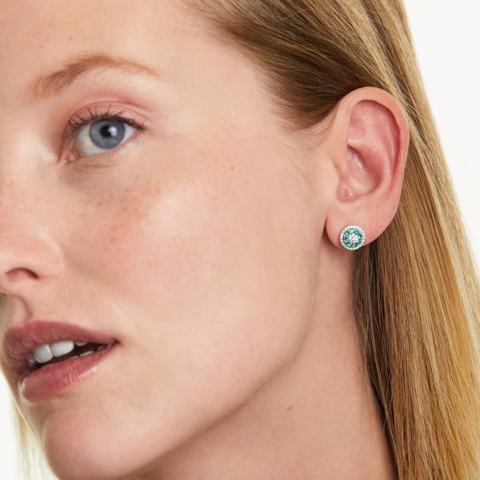 Emerald And Diamond Double Halo Stud Earrings In 14K White Gold