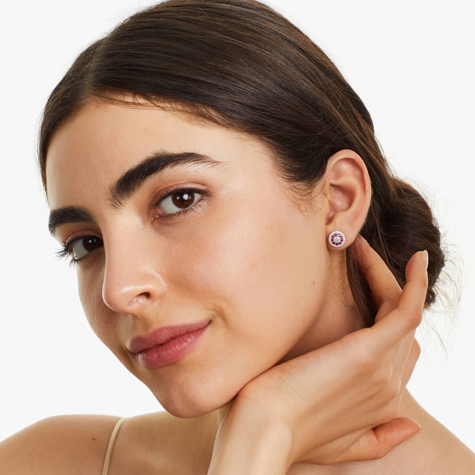 Ruby And Diamond Double Halo Stud Earrings In 14K White Gold