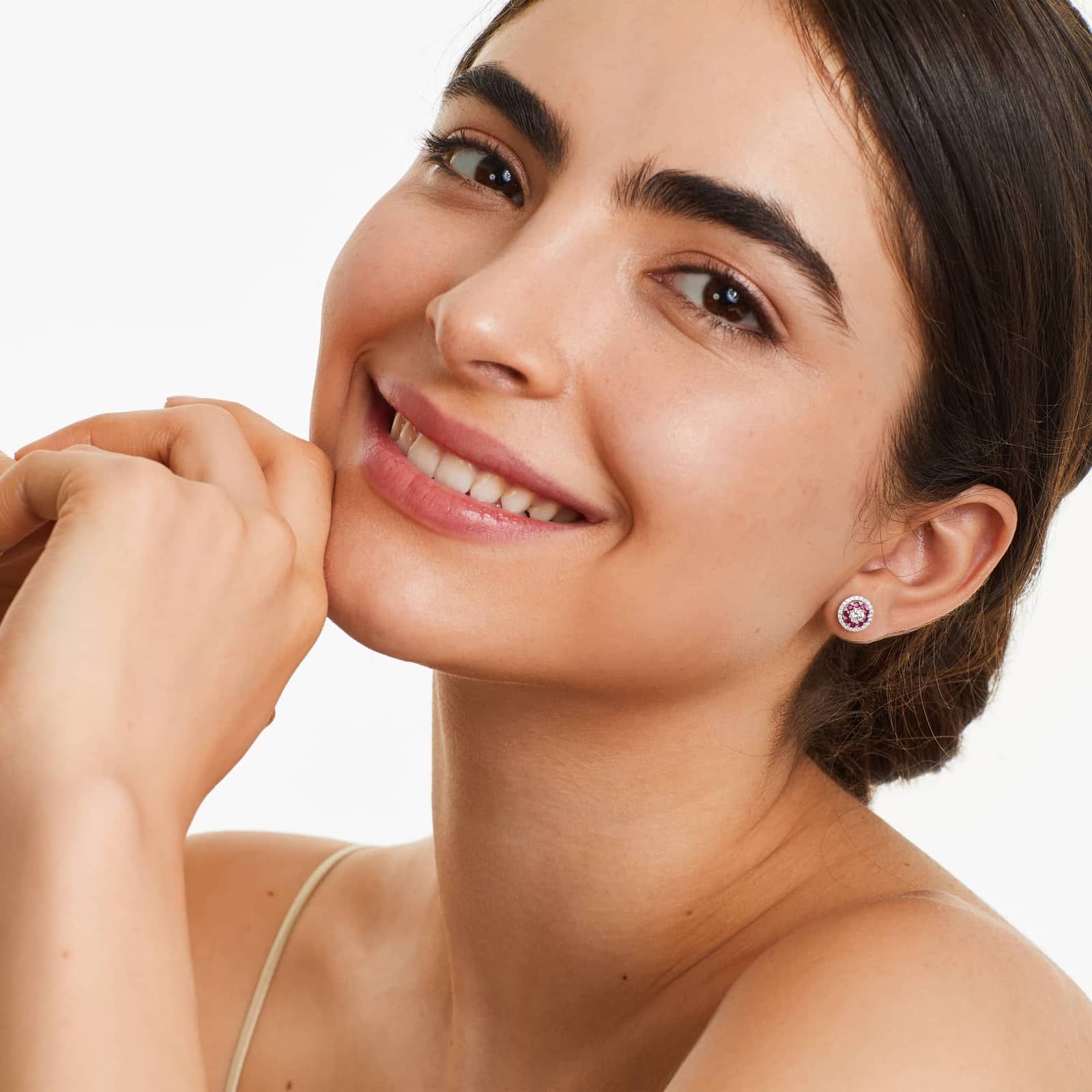 Ruby And Diamond Double Halo Stud Earrings In 14K White Gold