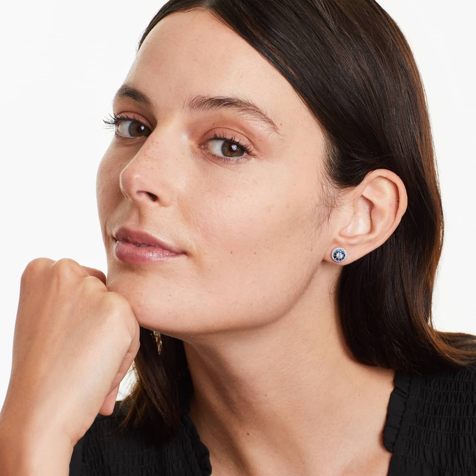 Sapphire And Diamond Double Halo Stud Earrings In 14K White Gold