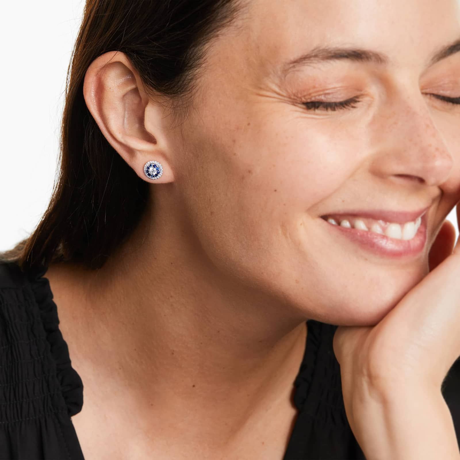 Sapphire And Diamond Double Halo Stud Earrings In 14K White Gold