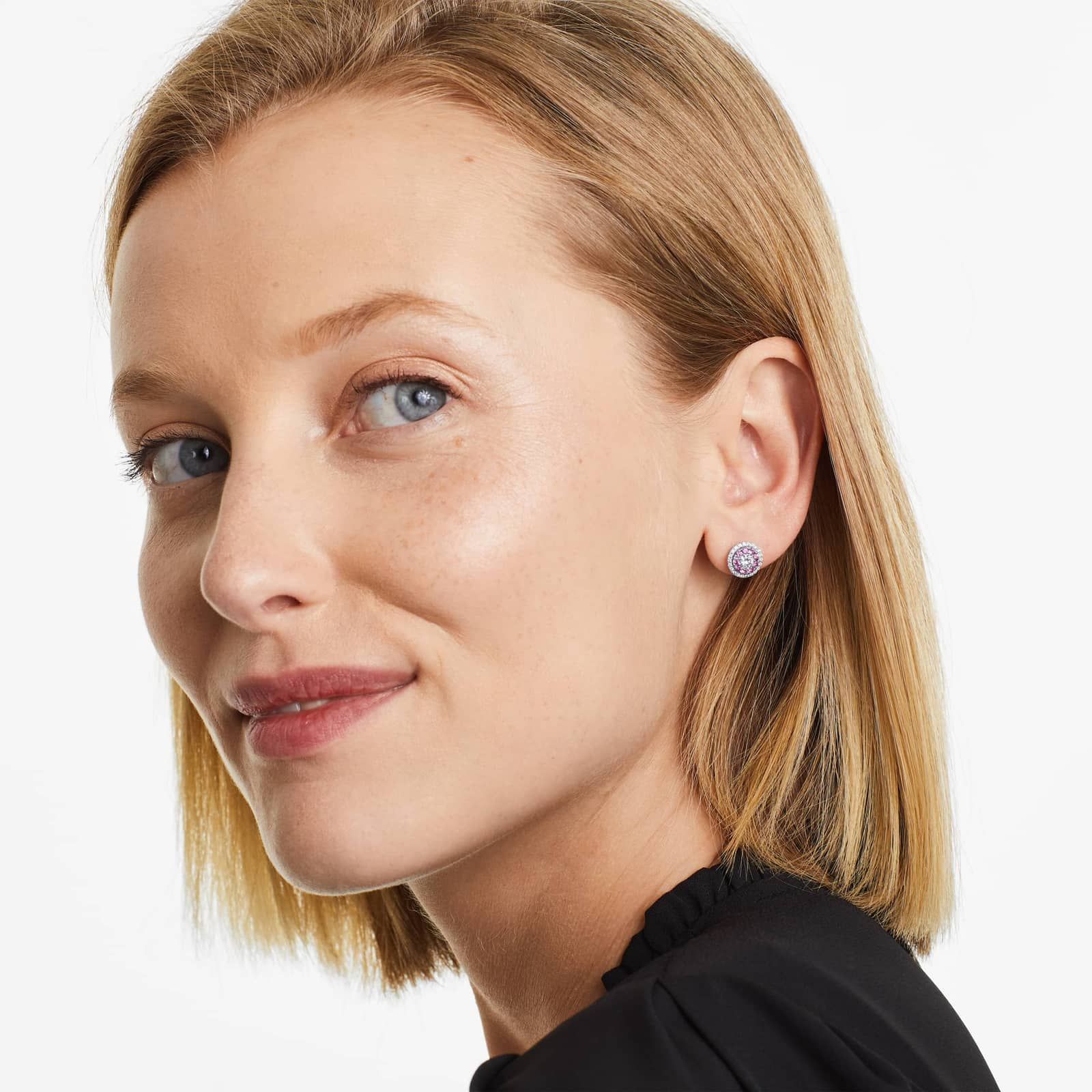 Pink Sapphire And Diamond Double Halo Stud Earrings In 14K White Gold