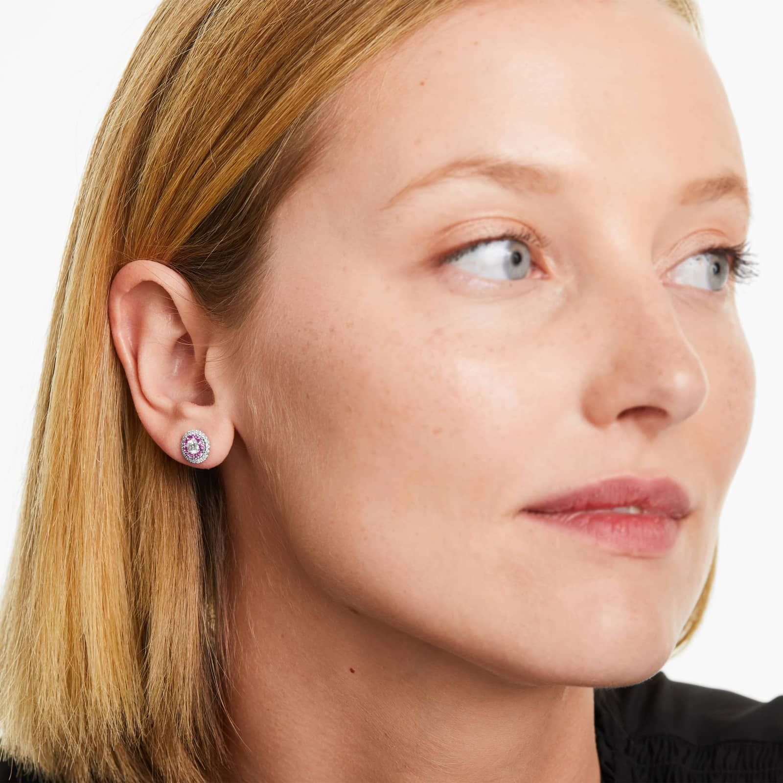 Pink Sapphire And Diamond Double Halo Stud Earrings In 14K White Gold