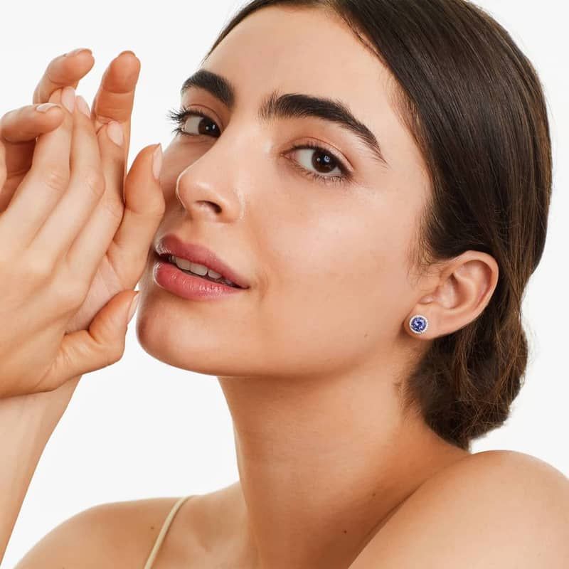 Round Tanzanite And Diamond Halo Earrings In 14K White Gold