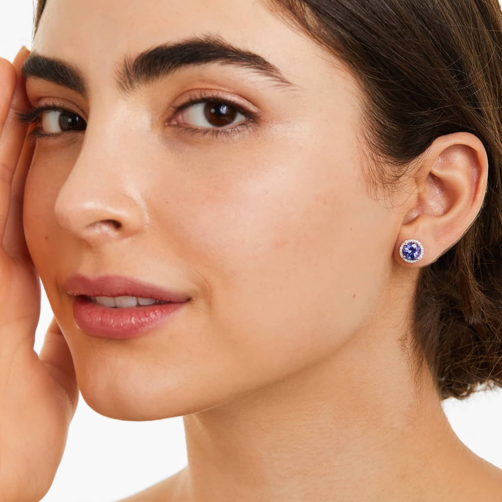 Round Tanzanite And Diamond Halo Earrings In 14K White Gold