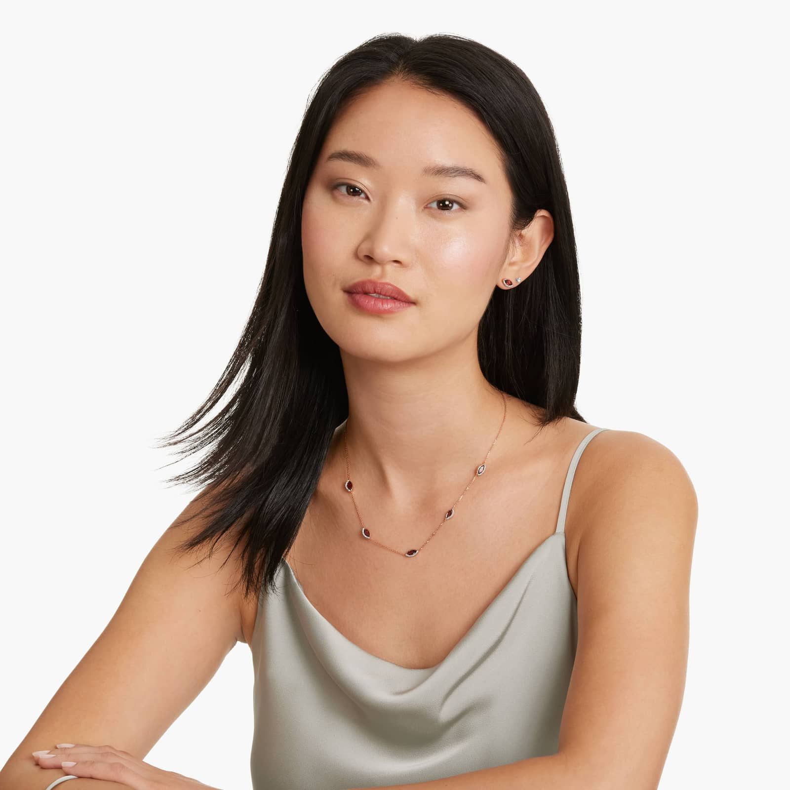 14K Rose Gold Radiant Reflections Marquise Shaped Garnet & Round Diamonds Station Necklace