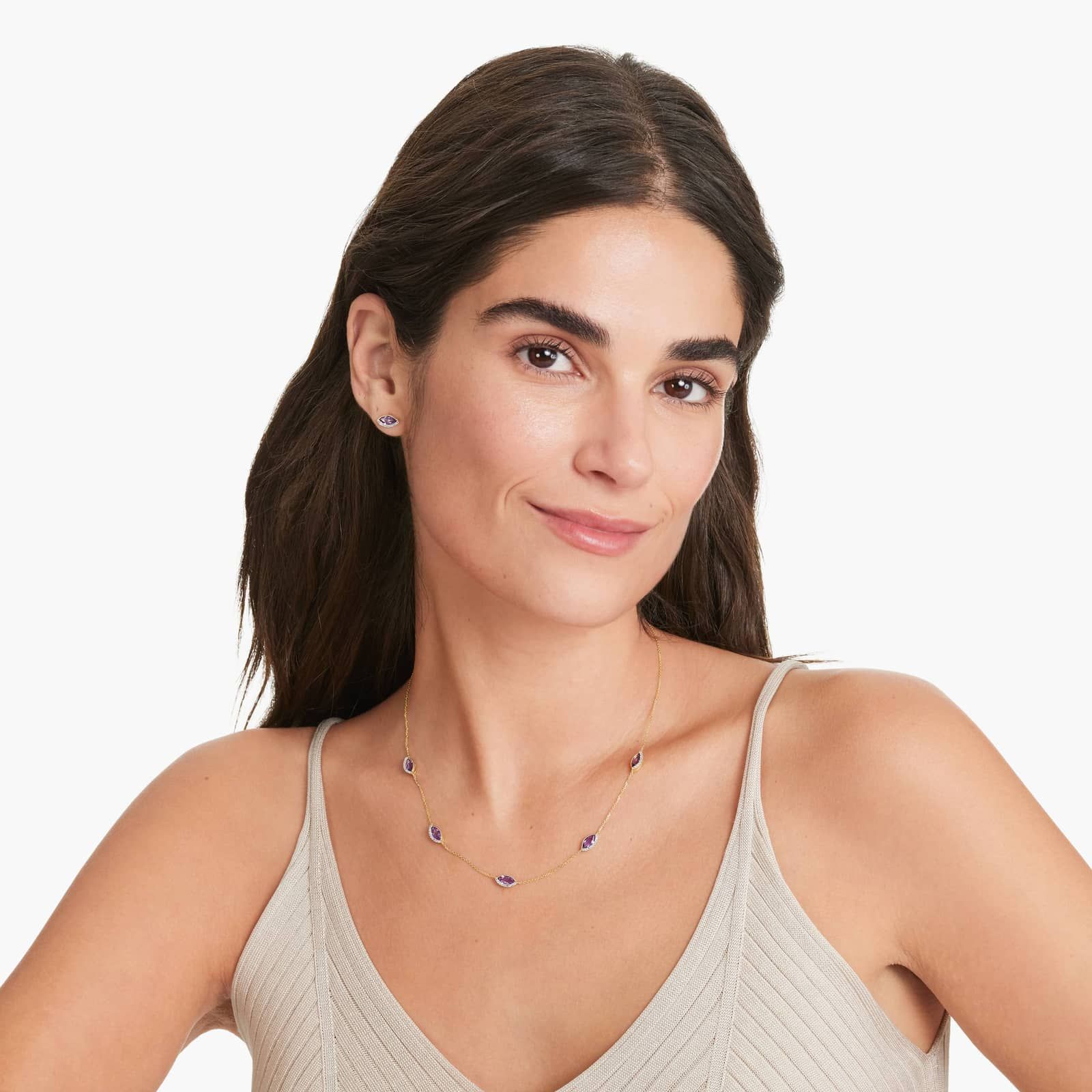 14K Yellow Gold Radiant Reflections Marquise Shaped Amethyst Station Necklace