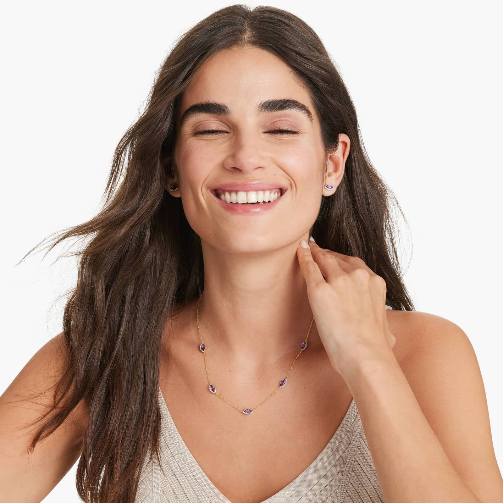 14K Yellow Gold Radiant Reflections Marquise Shaped Amethyst Station Necklace