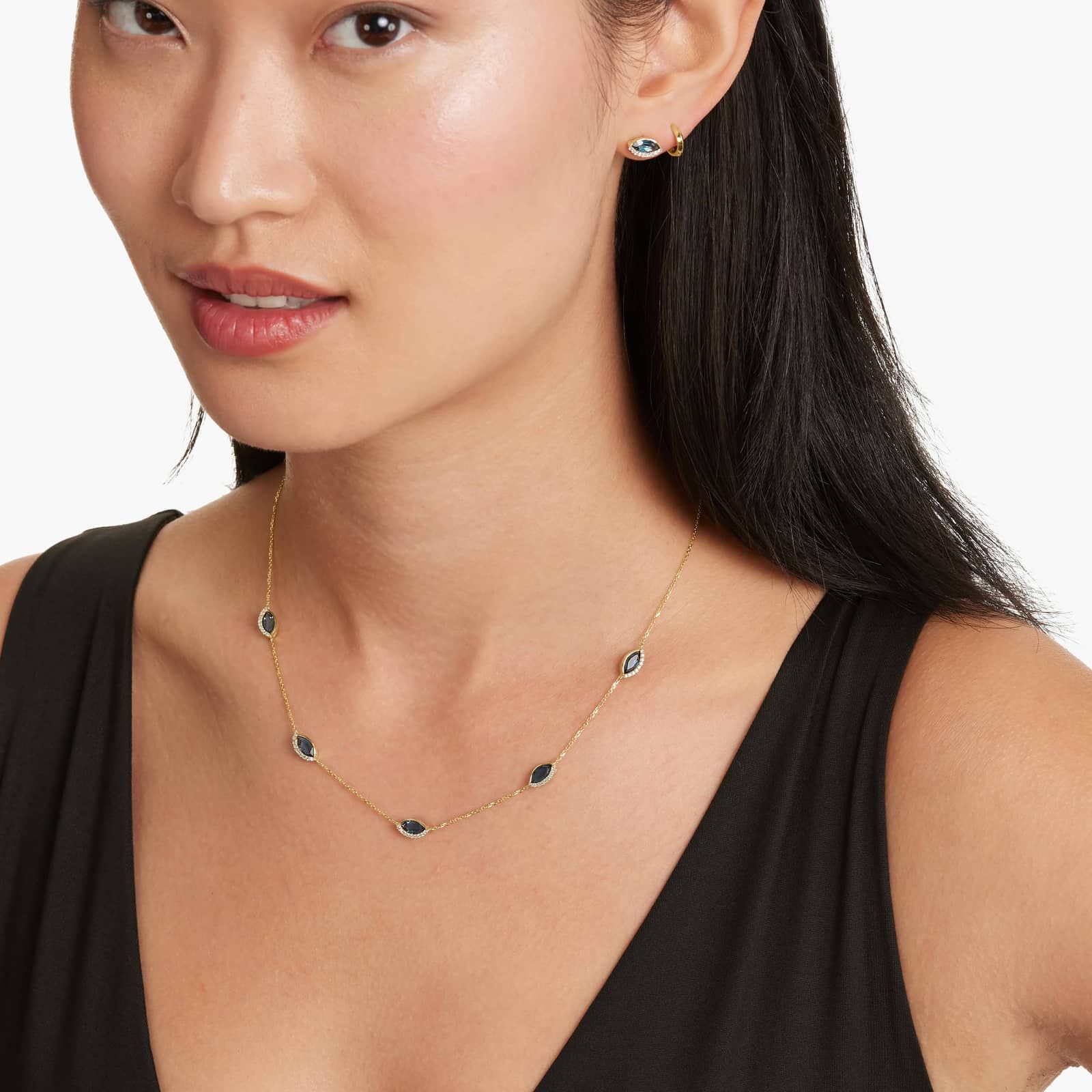 14K Yellow Gold Radiant Reflections Marquise Shaped Blue Topaz & Round Diamonds Station Necklace