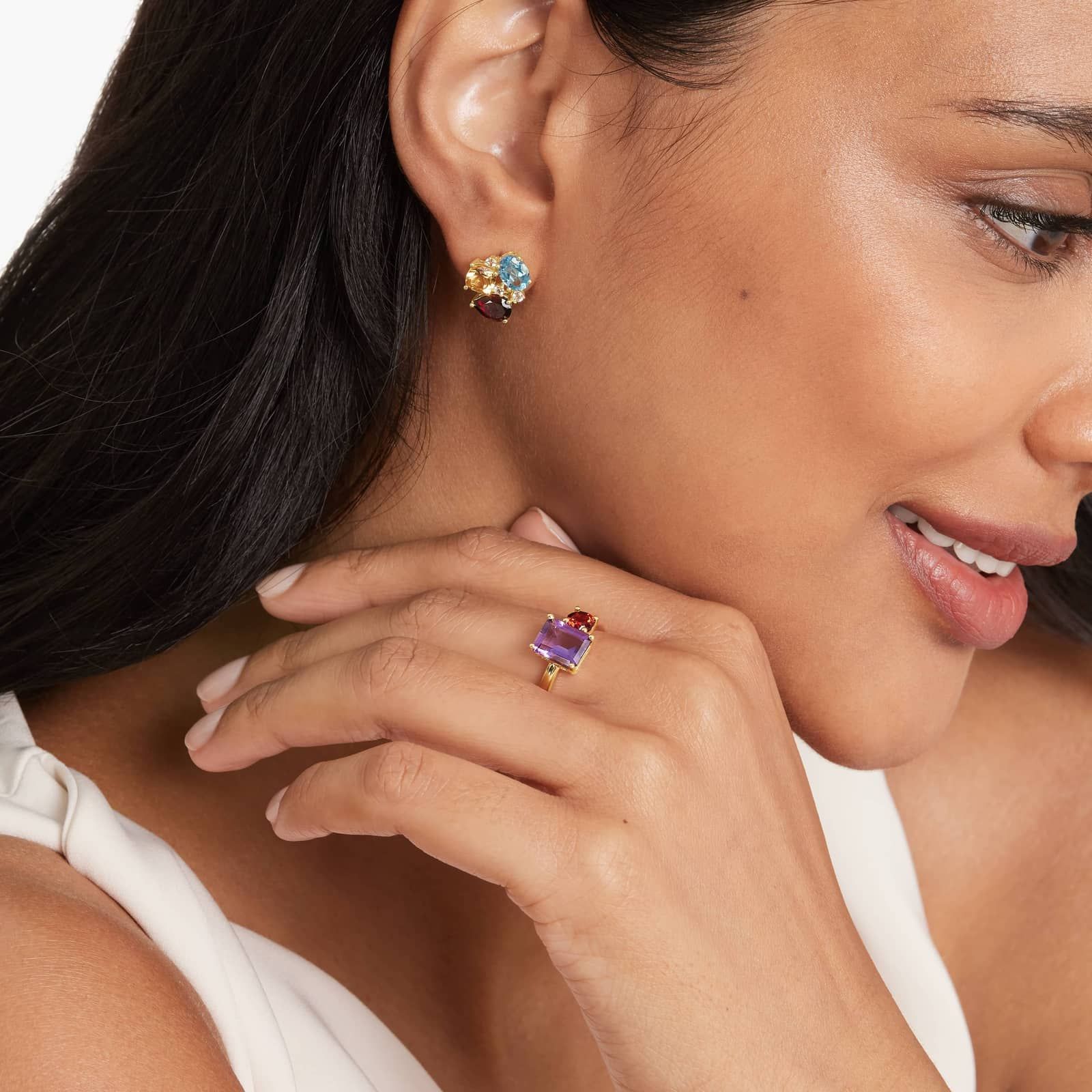 Radiant Reflections Citrine, Blue Topaz, Garnet, And White Topaz Earrings In 14K Yellow Gold