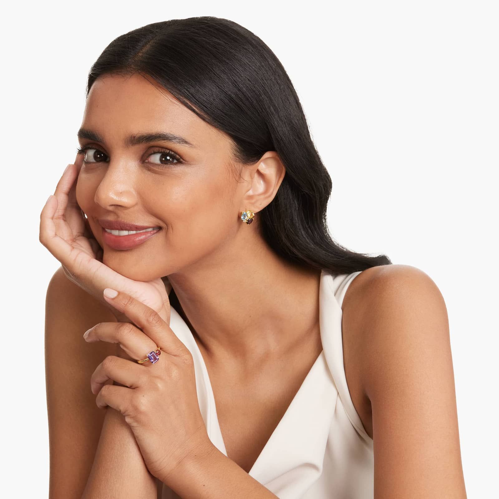 Radiant Reflections Citrine, Blue Topaz, Garnet, And White Topaz Earrings In 14K Yellow Gold