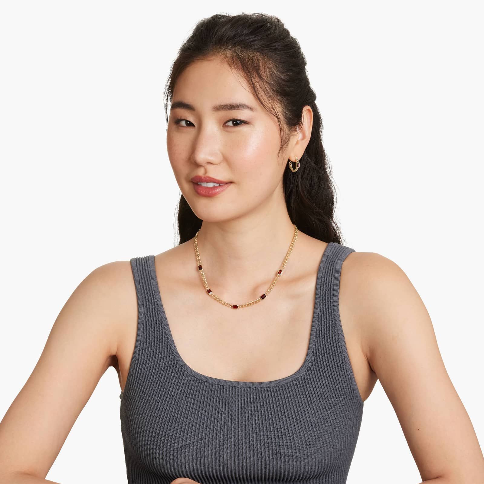 14K Yellow Gold Radiant Reflections Emerald Cut Garnet Curb Chain Necklace