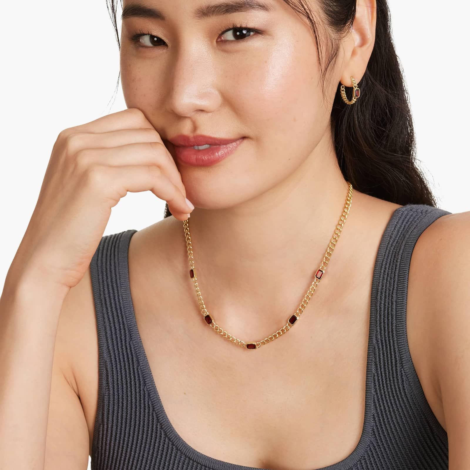 14K Yellow Gold Radiant Reflections Emerald Cut Garnet Curb Chain Necklace