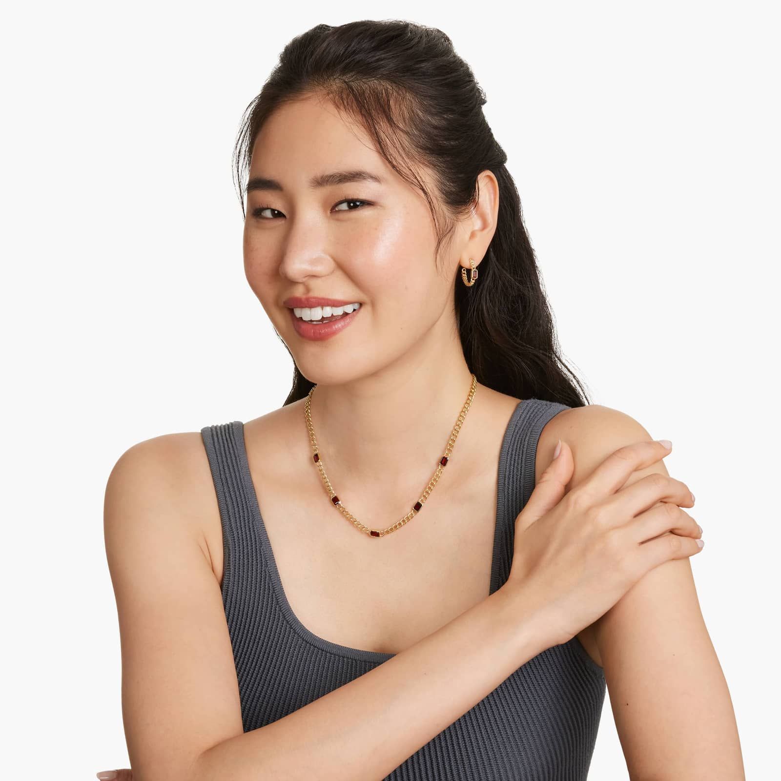 14K Yellow Gold Radiant Reflections Emerald Cut Garnet Curb Chain Necklace