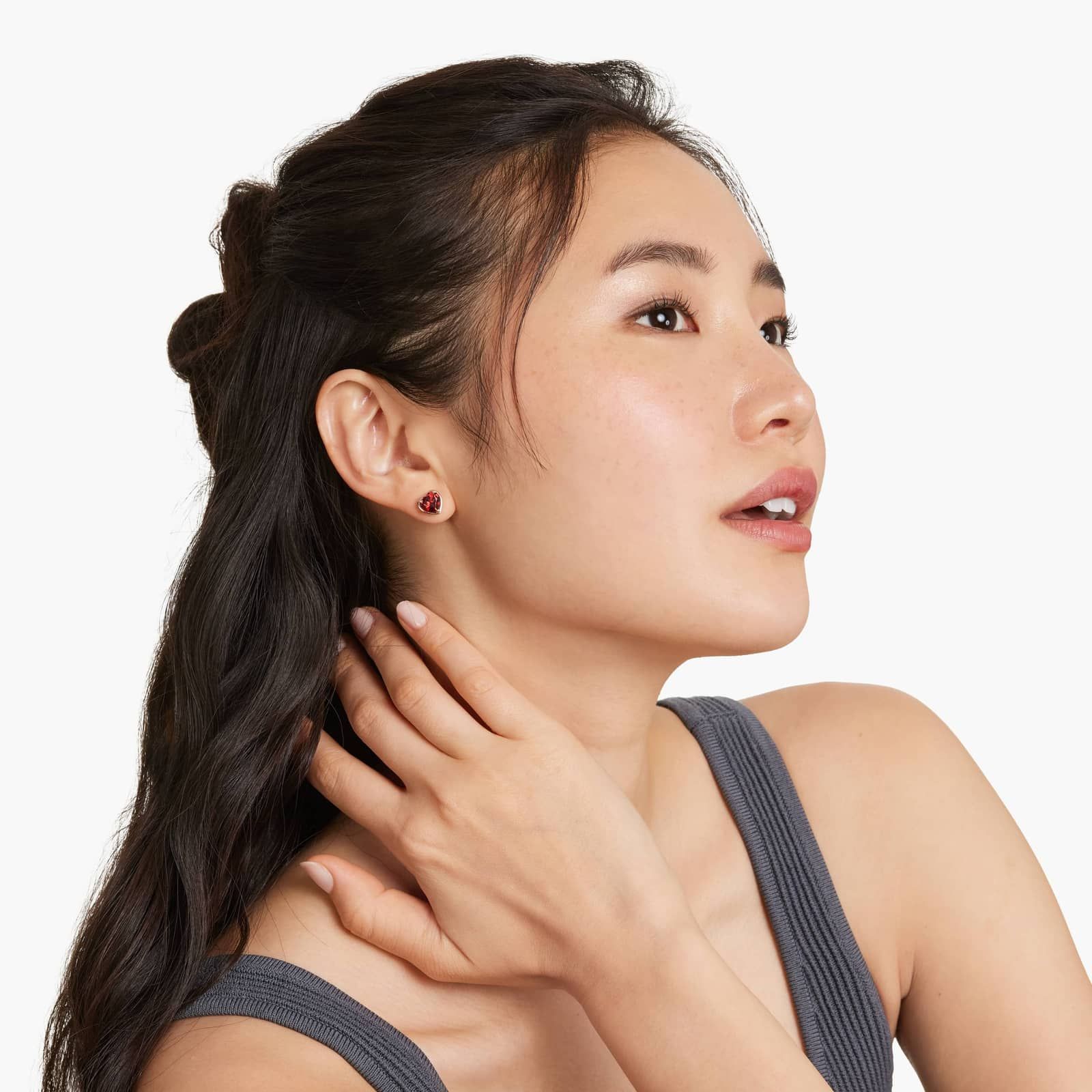 Radiant Reflections Heart Shape Garnet Stud Earrings In 14K Rose Gold