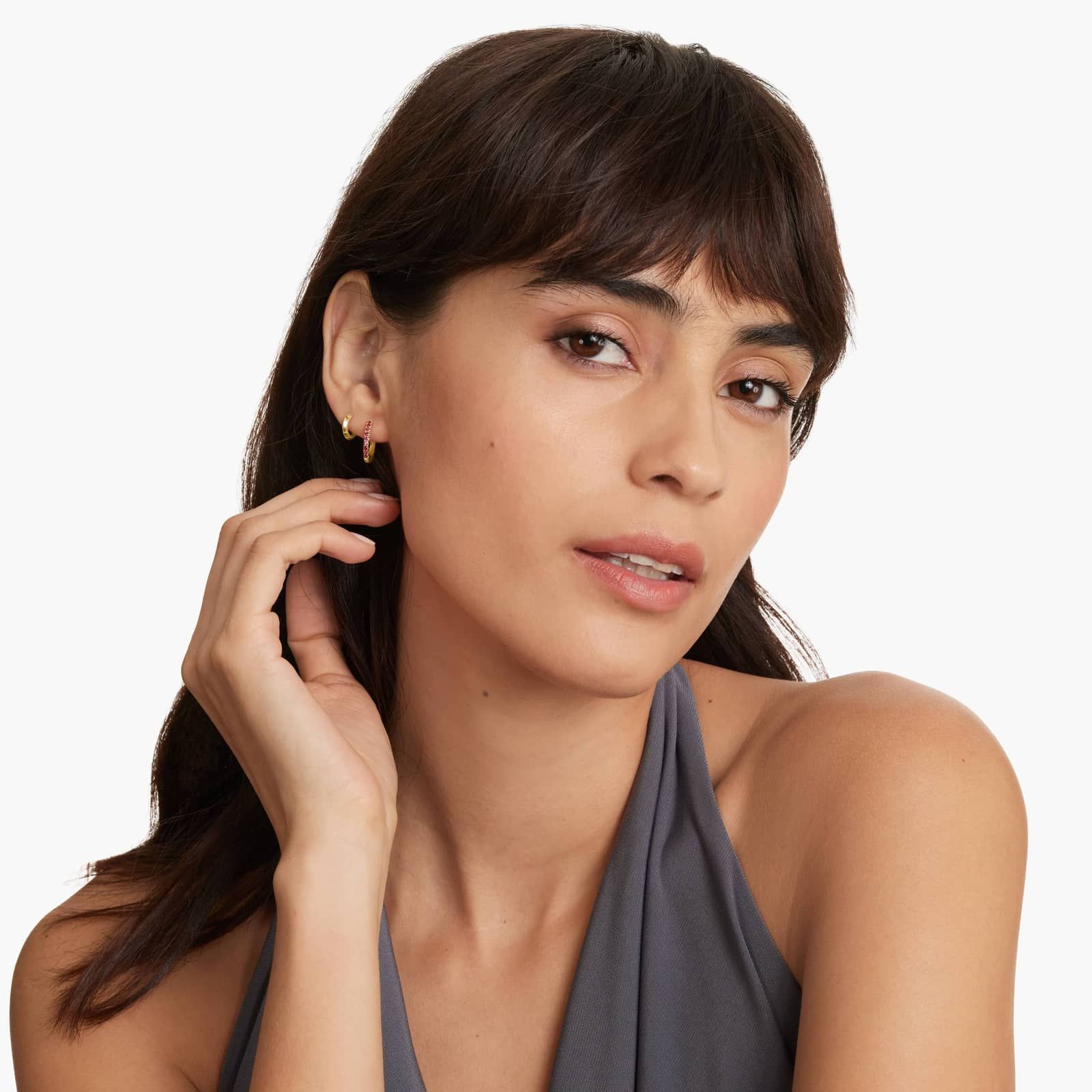 Ruby Huggie Hoop Earrings In 14K Yellow Gold