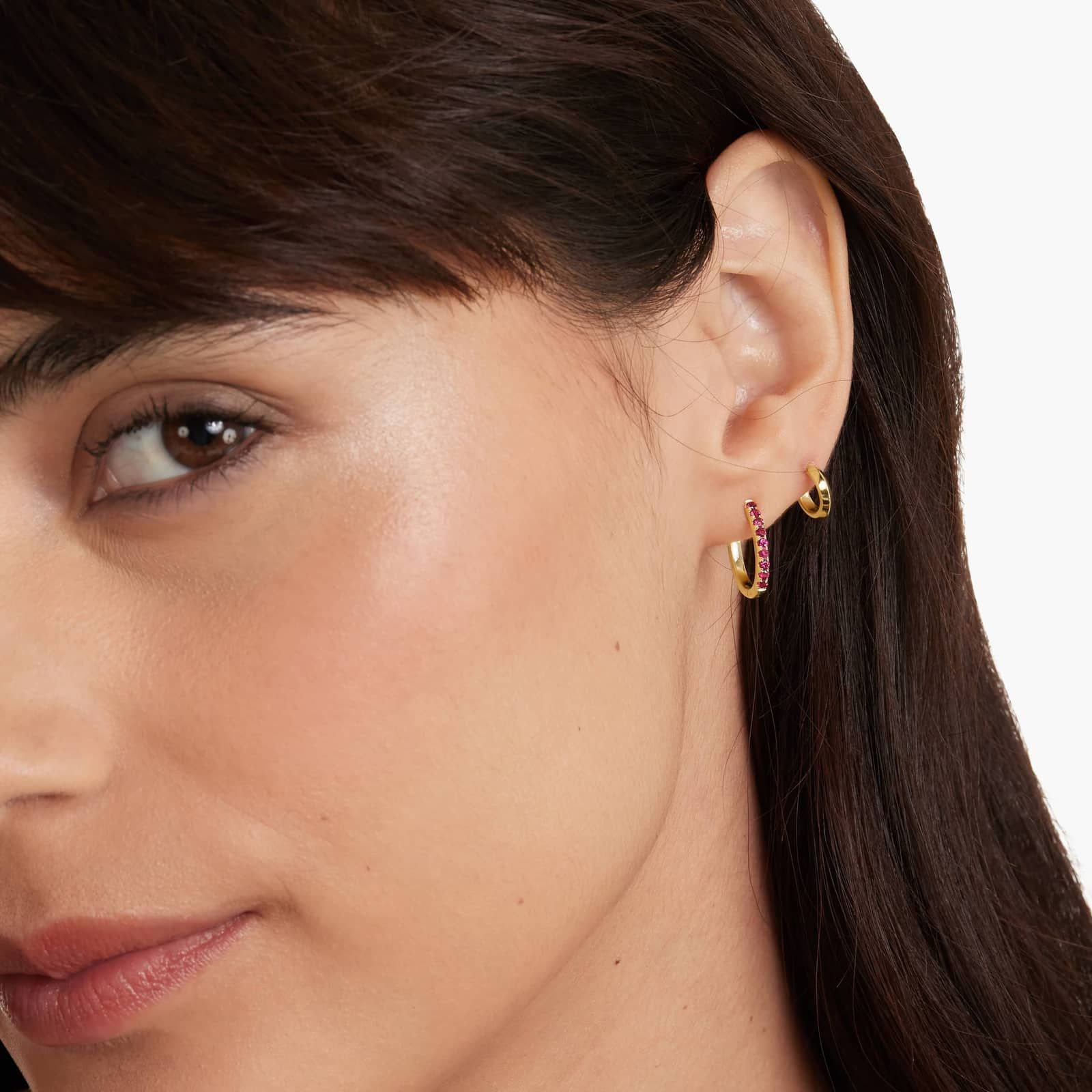 Ruby Huggie Hoop Earrings In 14K Yellow Gold