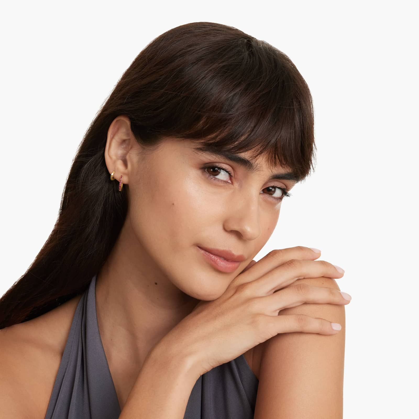 Ruby Huggie Hoop Earrings In 14K Yellow Gold