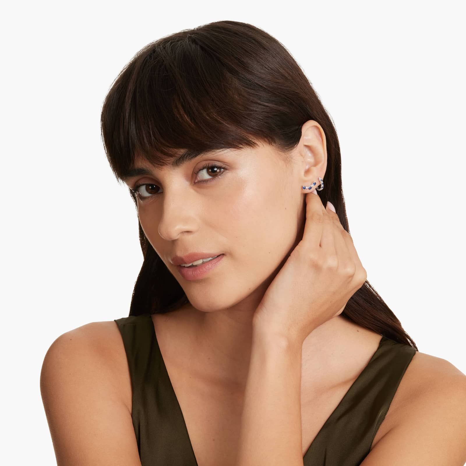 Diamond And Sapphire Climber Earrings In 14K White Gold