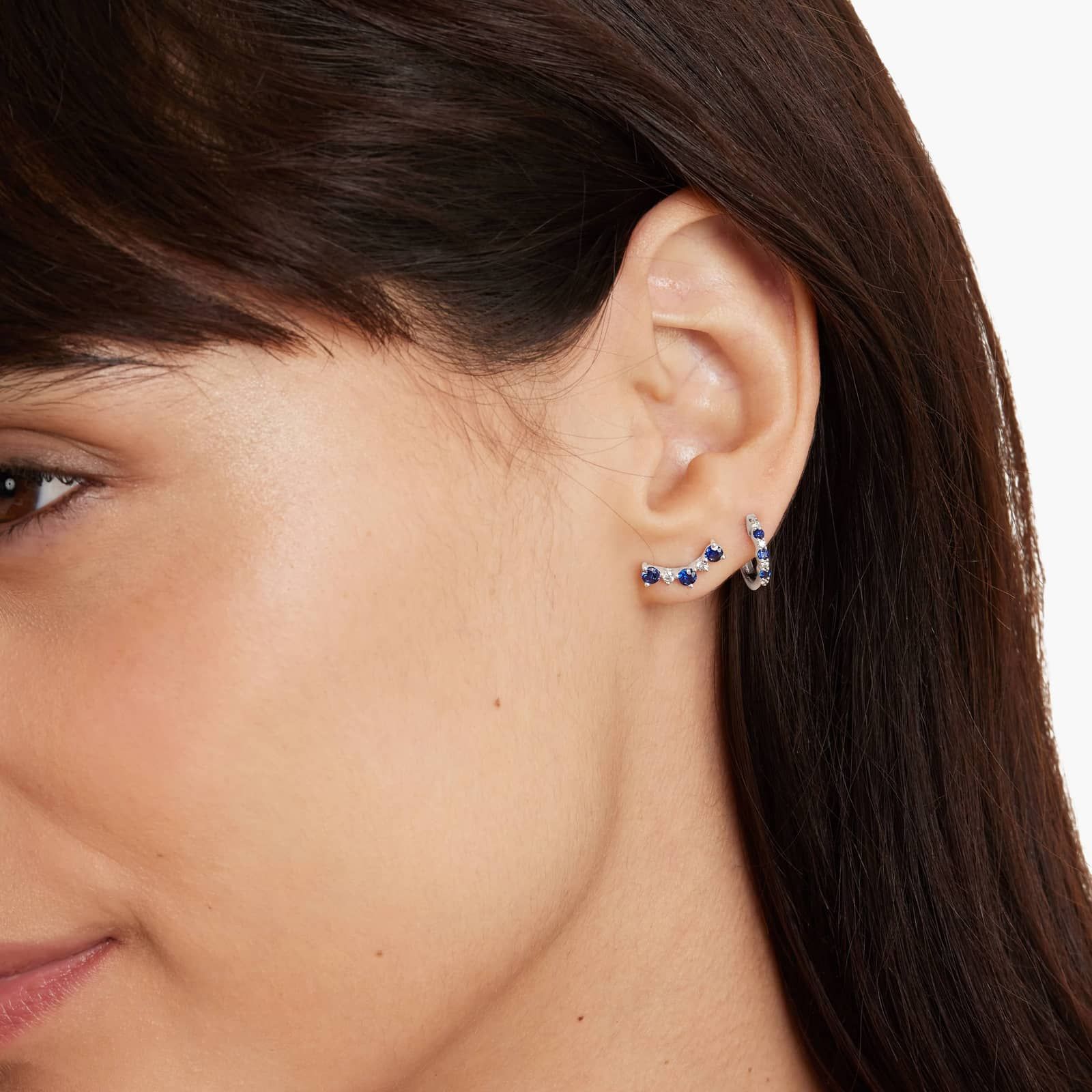 Diamond And Sapphire Climber Earrings In 14K White Gold