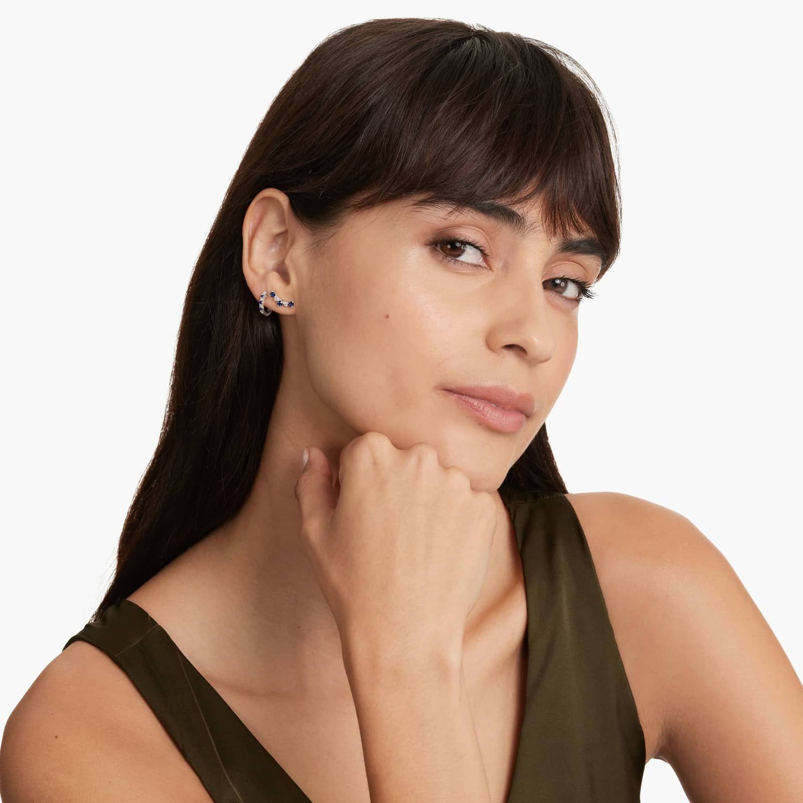 Diamond And Sapphire Climber Earrings In 14K White Gold