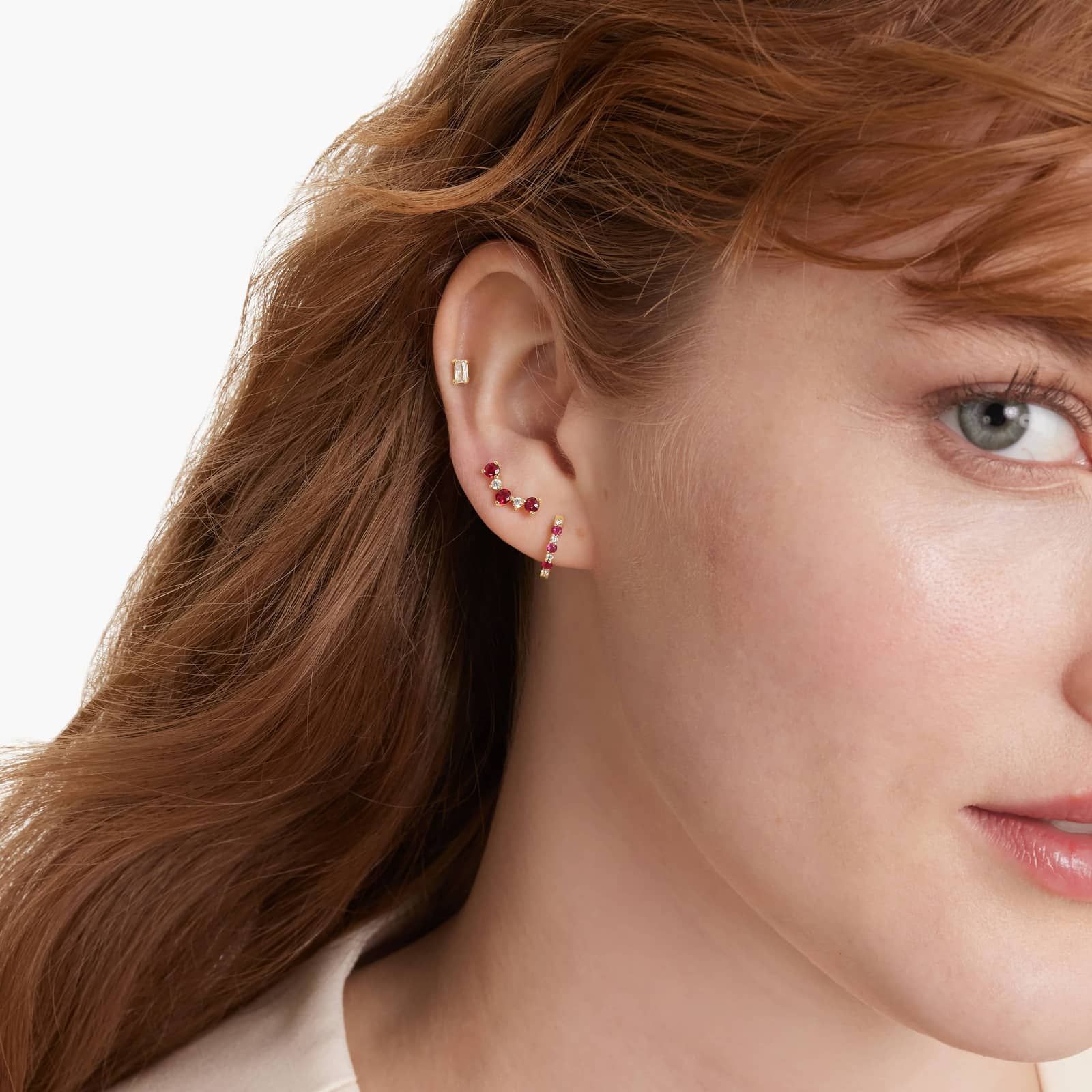 Diamond And Ruby Climber Earrings In 14K Yellow Gold