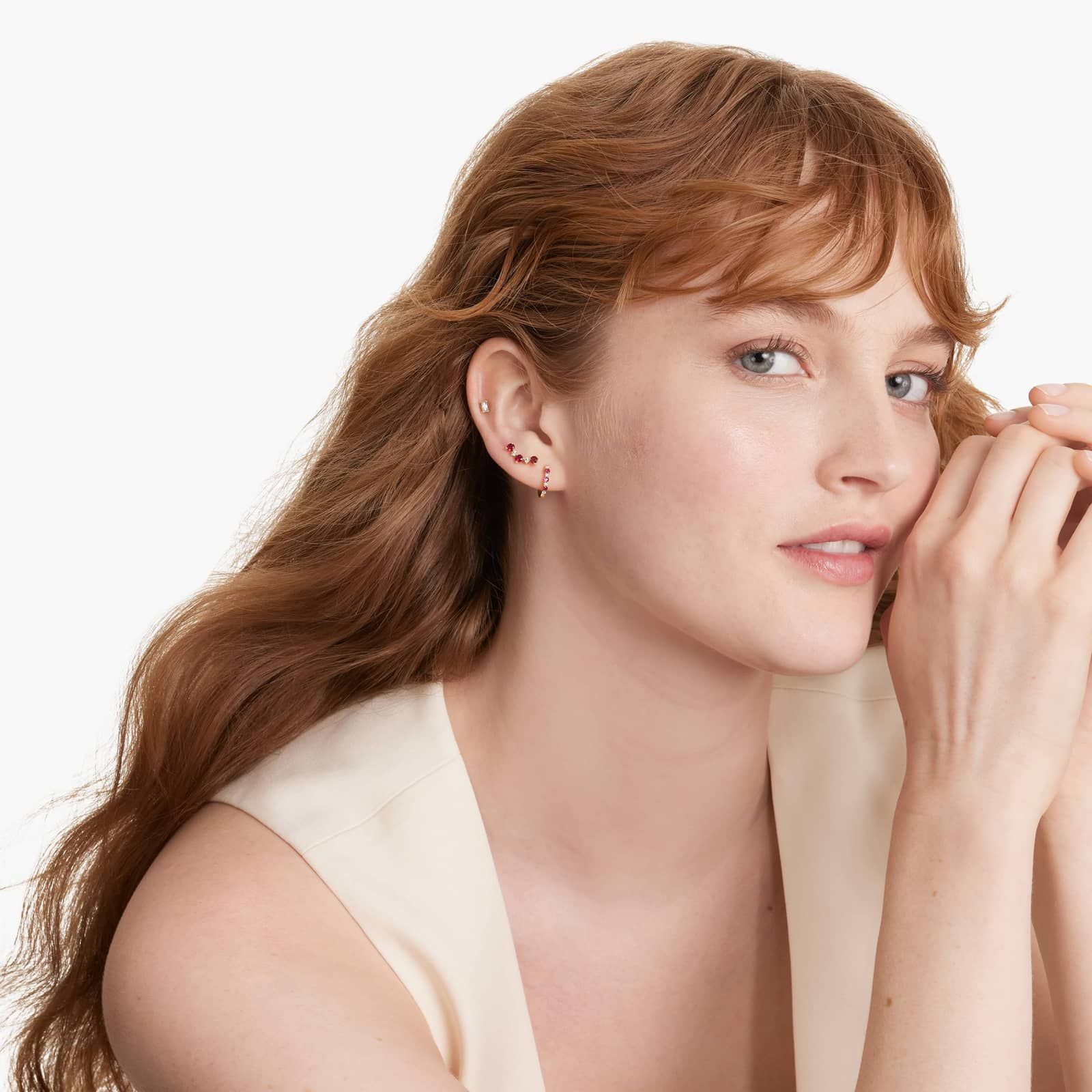 Diamond And Ruby Climber Earrings In 14K Yellow Gold