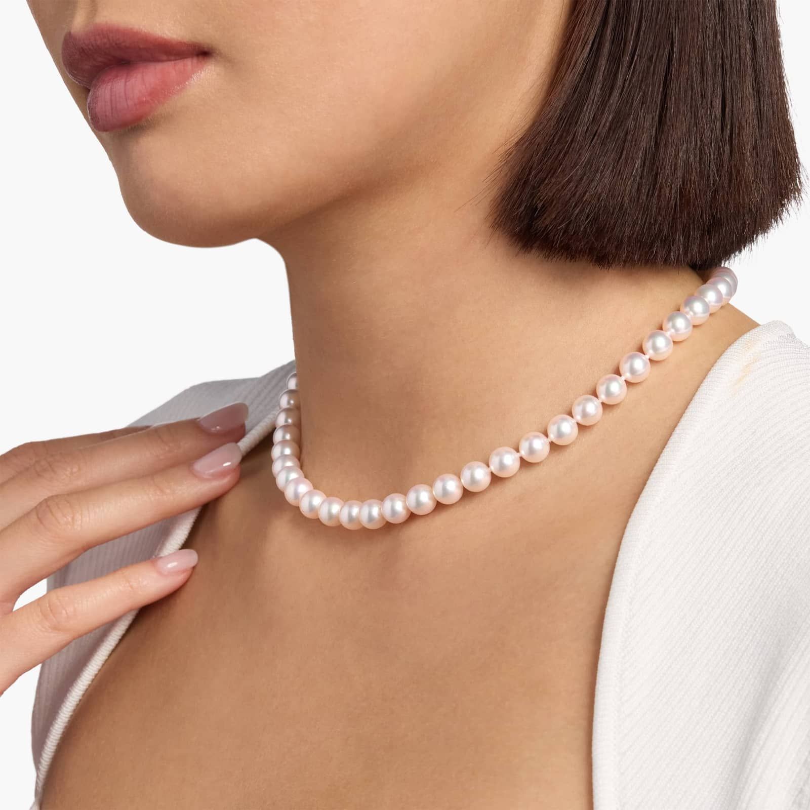 16" Premier Akoya Cultured Pearl Strand Necklace with Diamond Clasp in 18k White Gold (7.0-7.5mm)