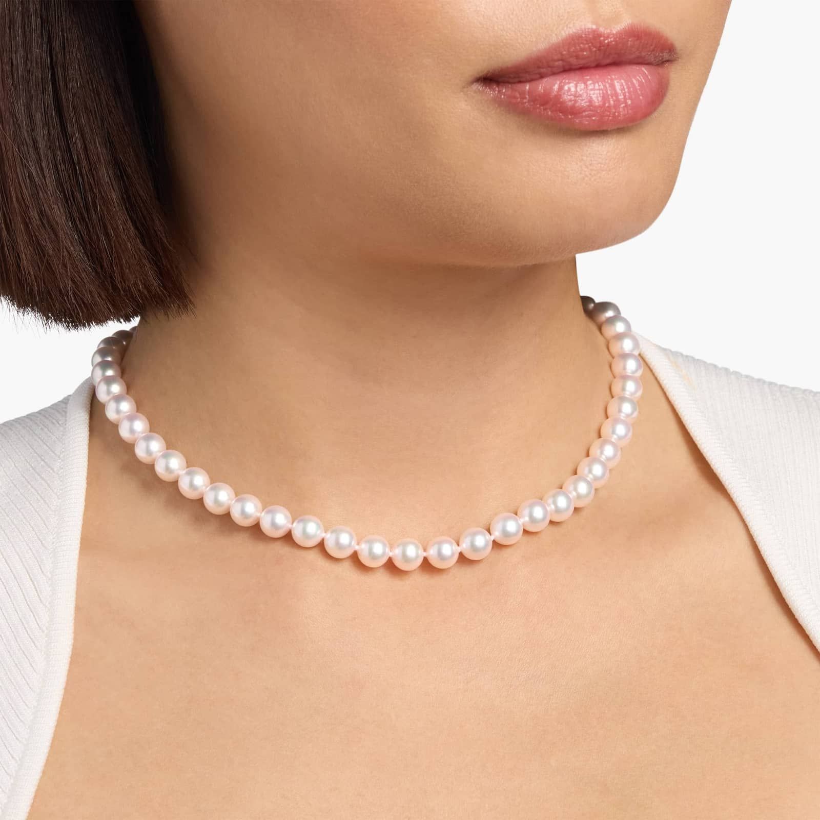 16" Premier Akoya Cultured Pearl Strand Necklace with Diamond Clasp in 18k White Gold (7.0-7.5mm)