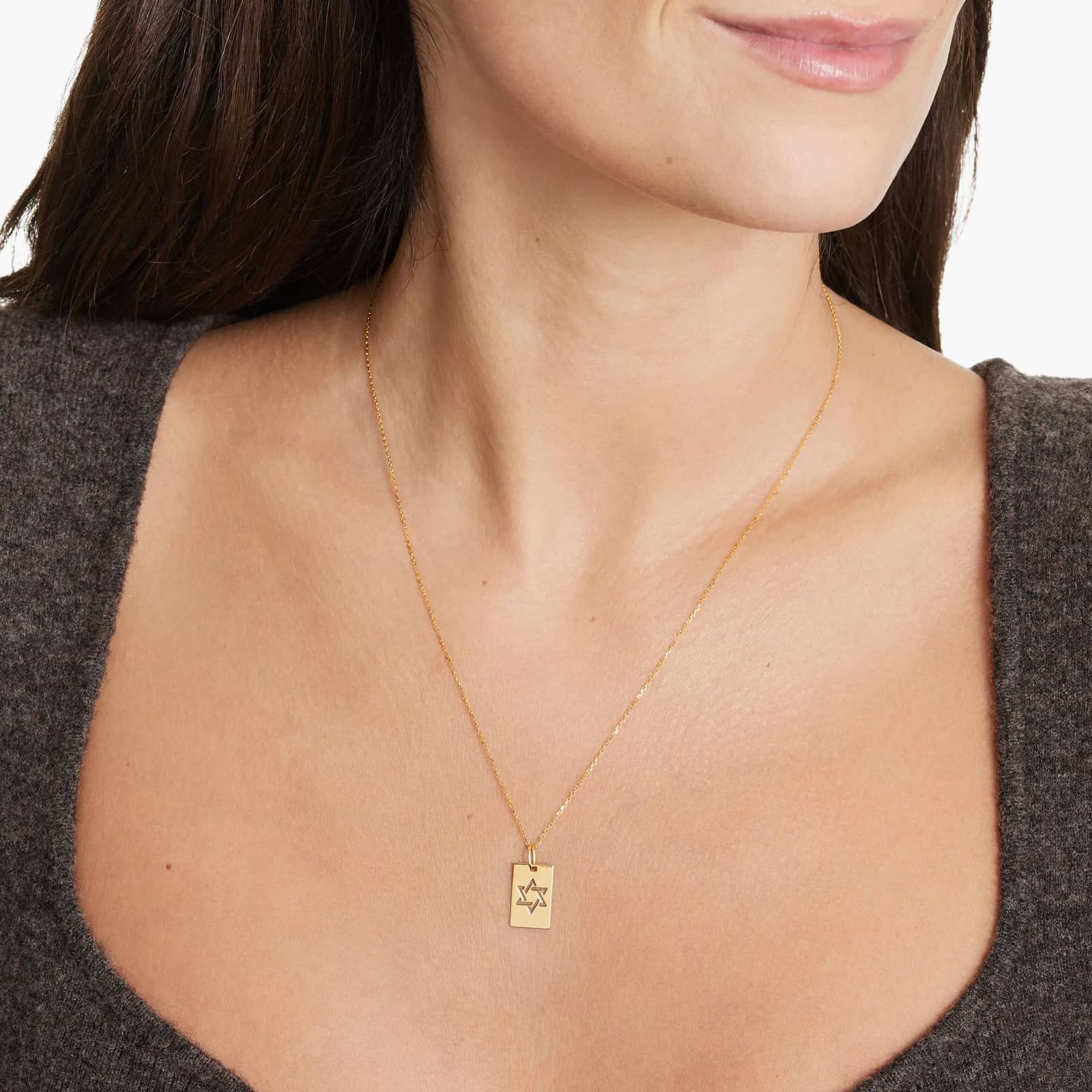 14K Yellow Gold Star of David Dog Tag Pendant Necklace