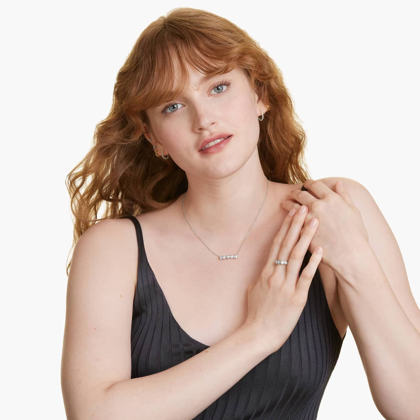 Fancy Bezel Emerald, Round And Heart Shaped Lab-Grown Diamond Ring In 14K White Gold