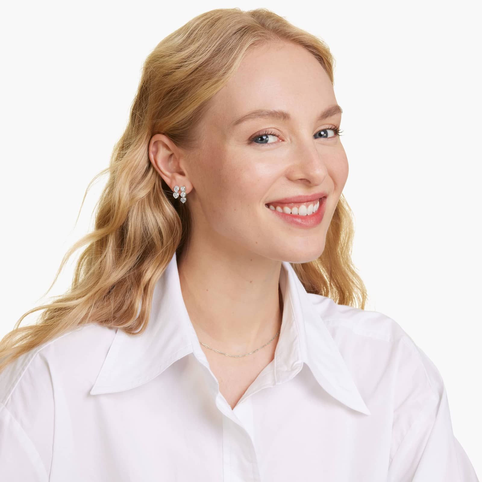 Fancy Bezel Drop Earrings With Oval Cut and Heart Shaped Lab-Grown Diamonds In 14K White Gold