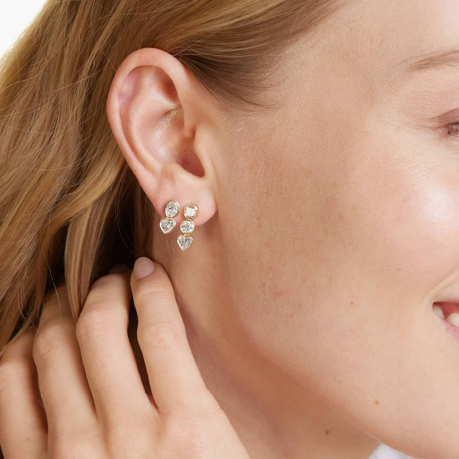 Fancy Bezel Drop Earrings With Oval Cut and Heart Shaped Lab-Grown Diamonds In 14K Yellow Gold