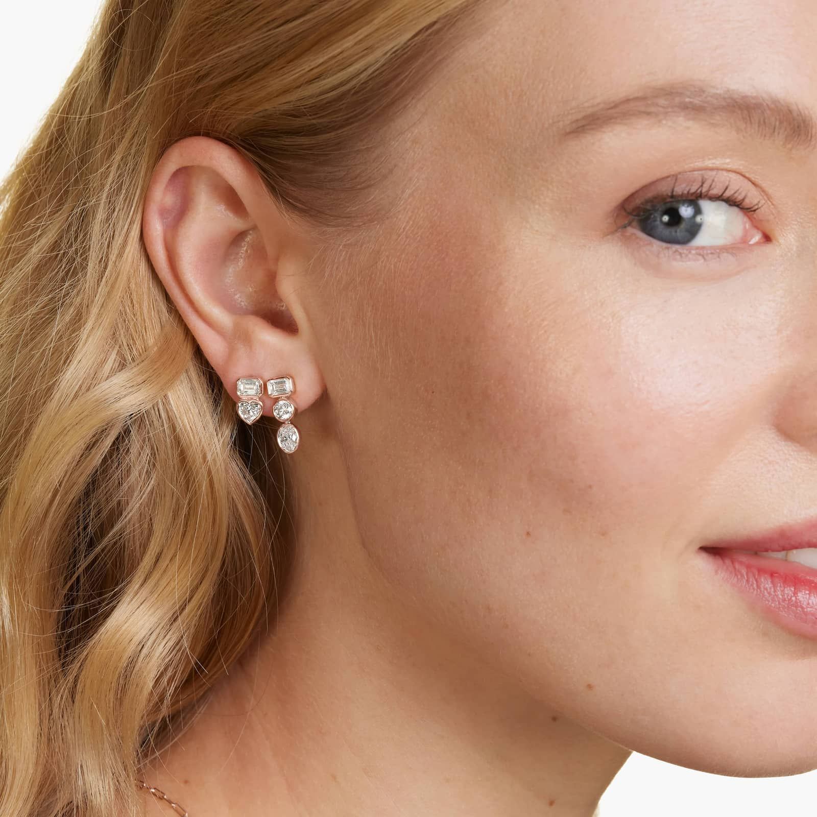 Fancy Bezel Drop Earrings With Emerald Cut and Heart Shaped Lab-Grown Diamonds In 14K Rose Gold