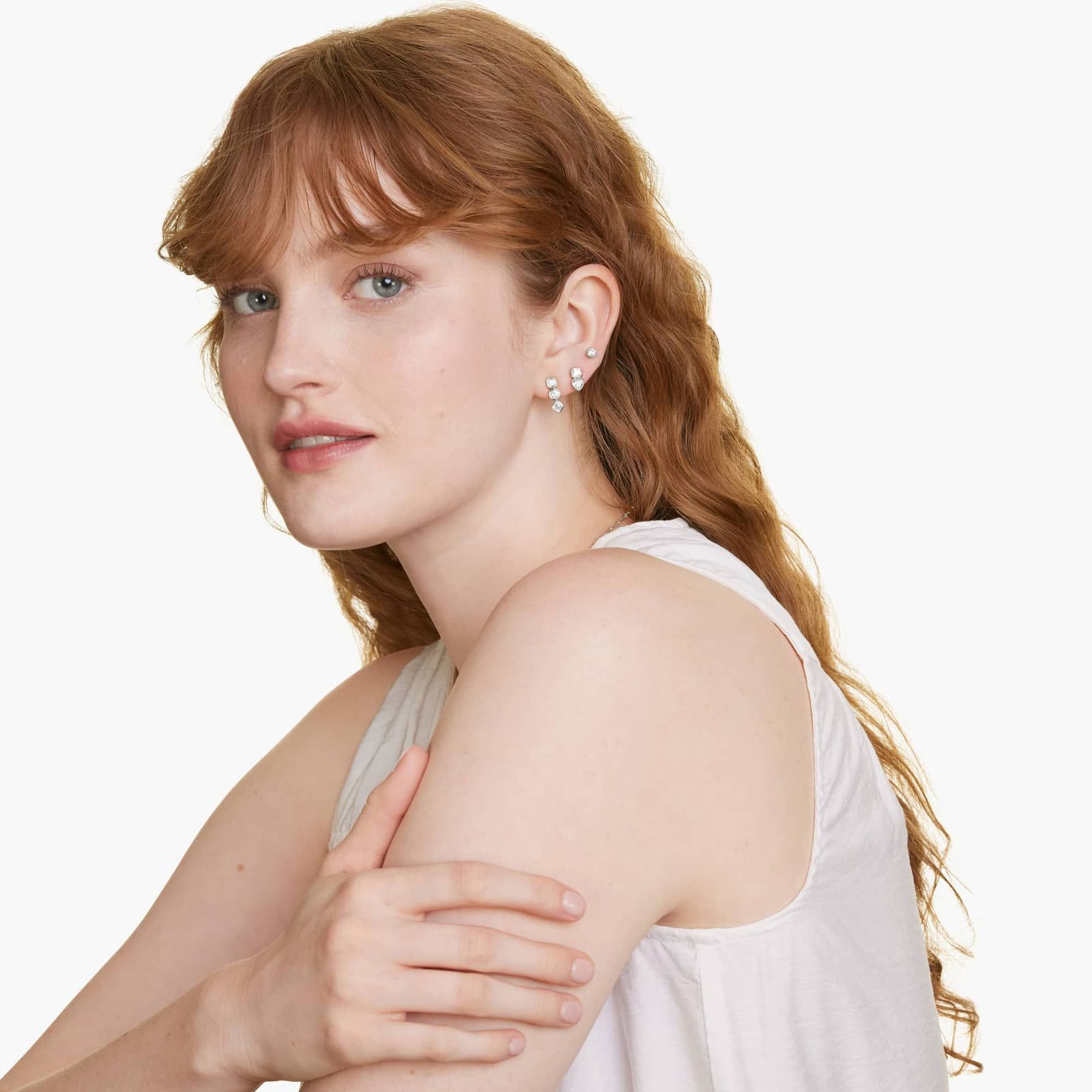 Fancy Bezel Drop Earrings With Asscher Cut and Heart Shaped Lab-Grown Diamonds In 14K White Gold