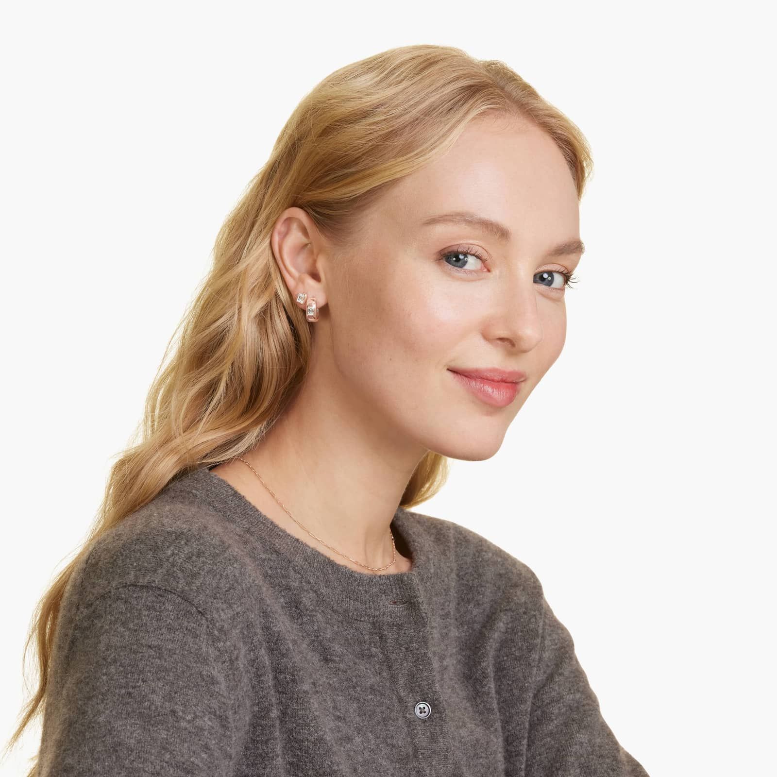 14K Rose Gold Fancy Bezels Lab Grown Emerald Diamond Huggie Hoop Earrings