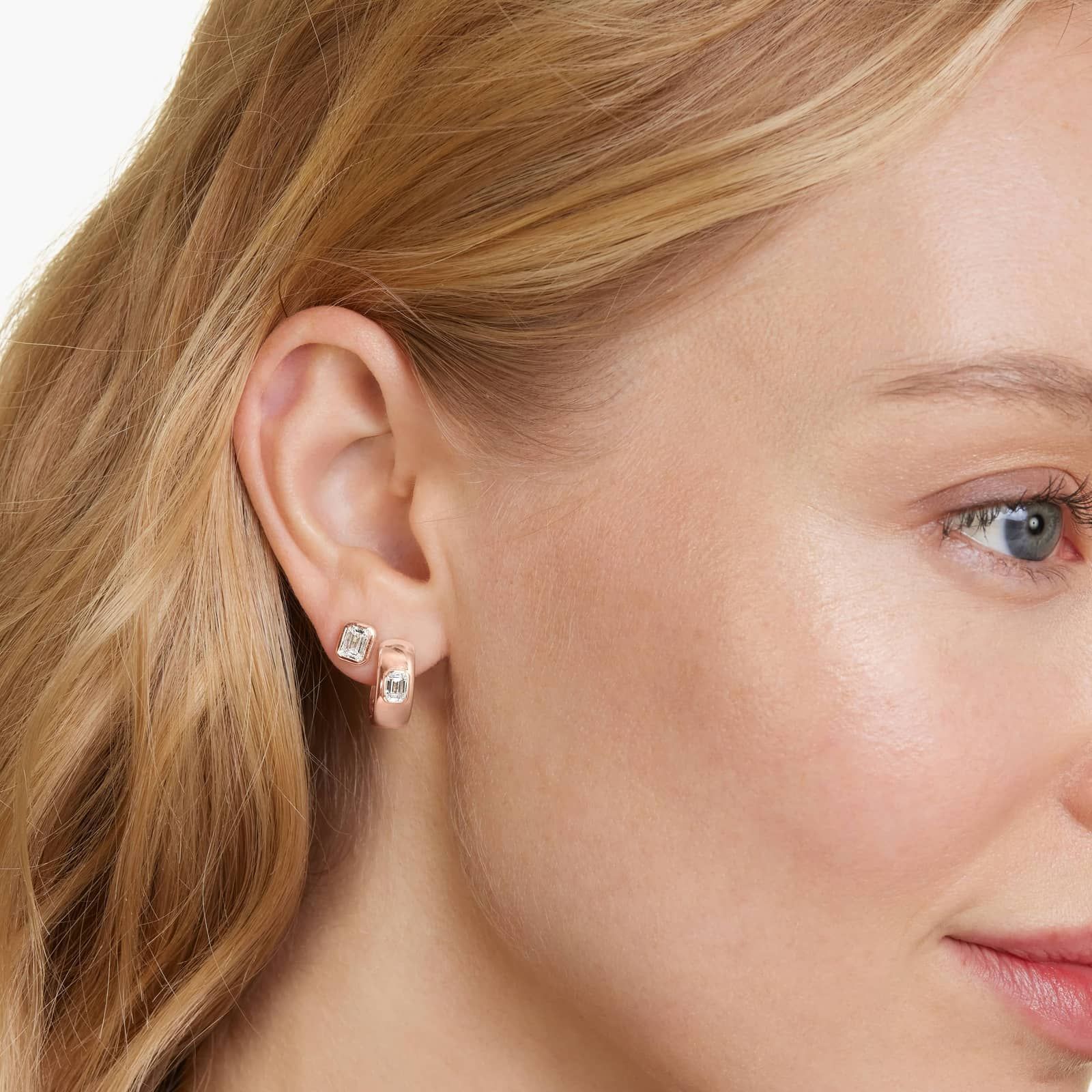 14K Rose Gold Fancy Bezels Lab Grown Emerald Diamond Huggie Hoop Earrings