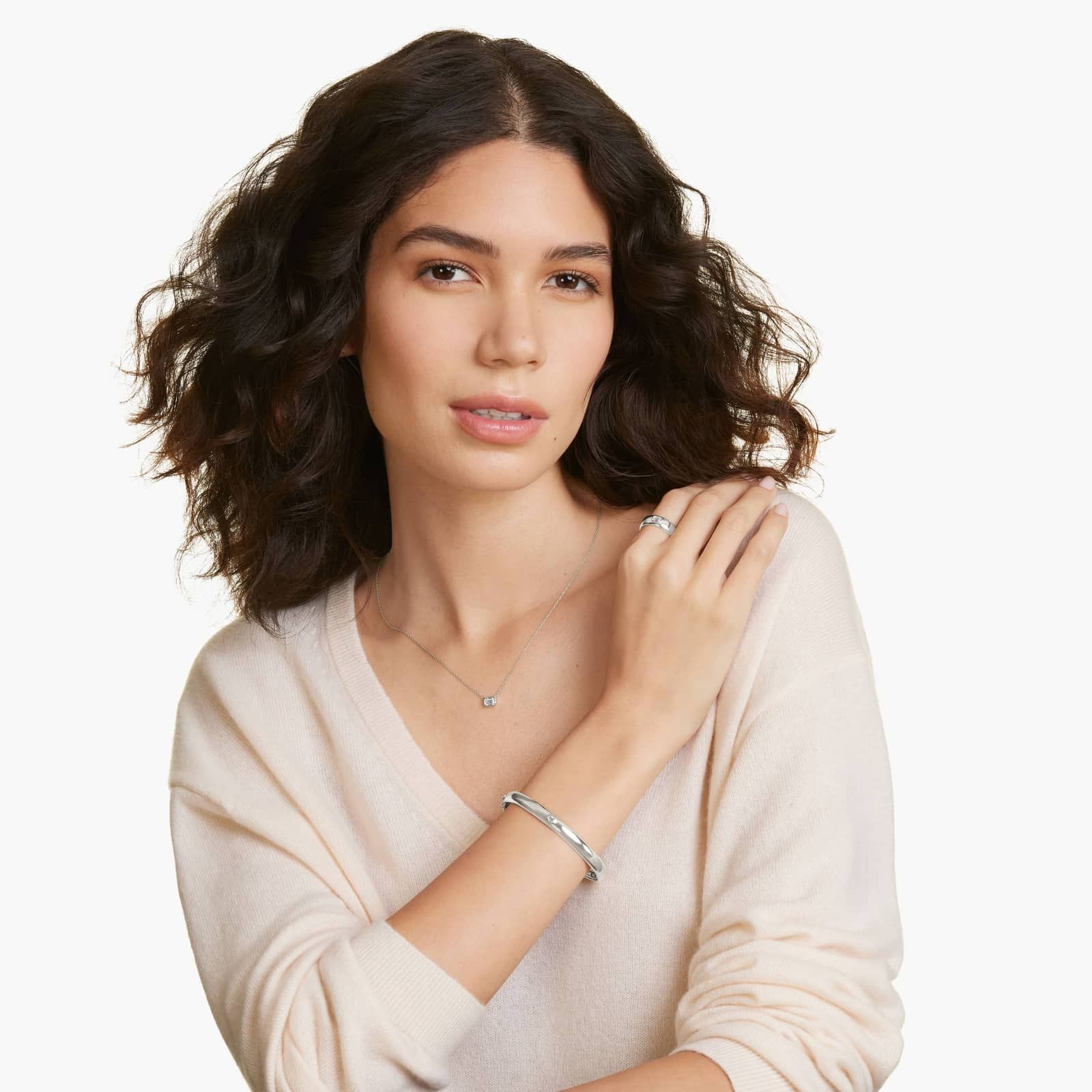 14K White Gold Fancy Bezels Lab Grown Emerald Diamond Bangle Bracelet