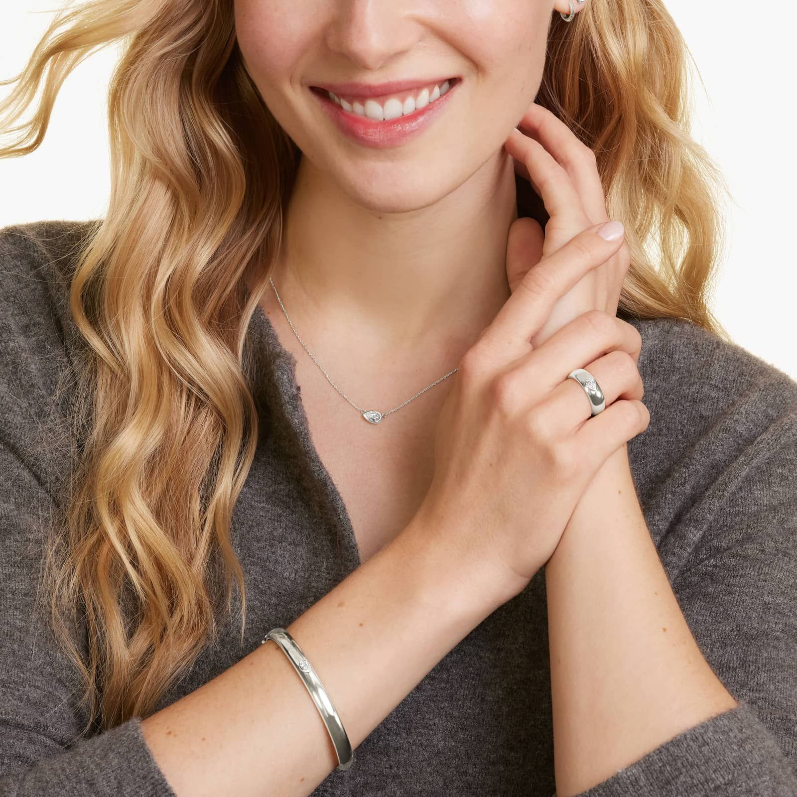 14K White Gold Fancy Bezels Lab Grown Pear Diamond Bangle Bracelet