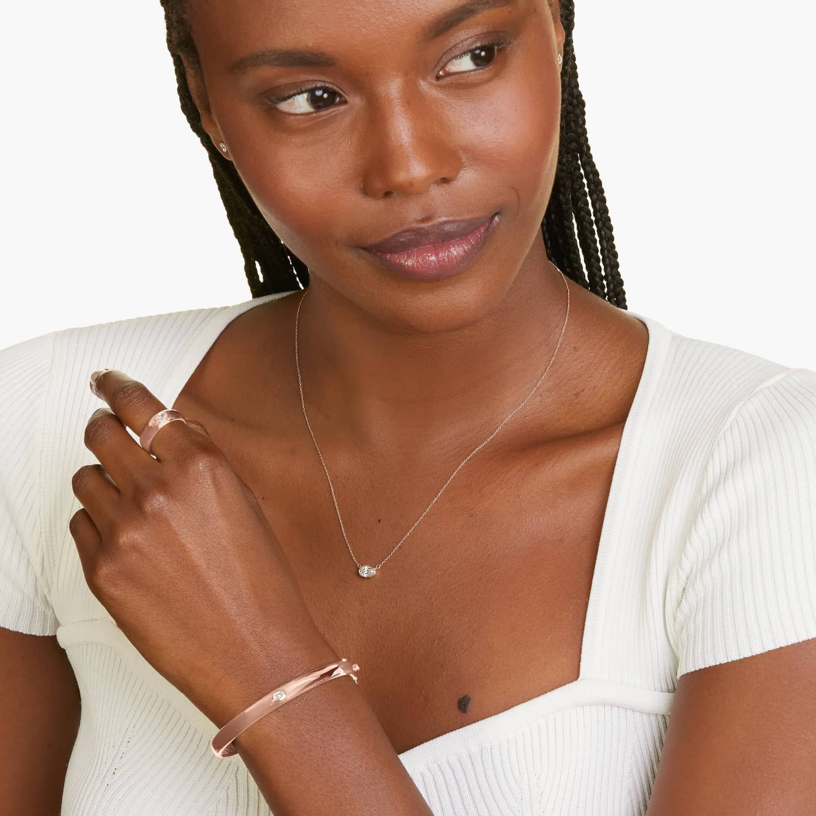 14K Rose Gold Fancy Bezels Lab Grown Oval Diamond Bangle Bracelet