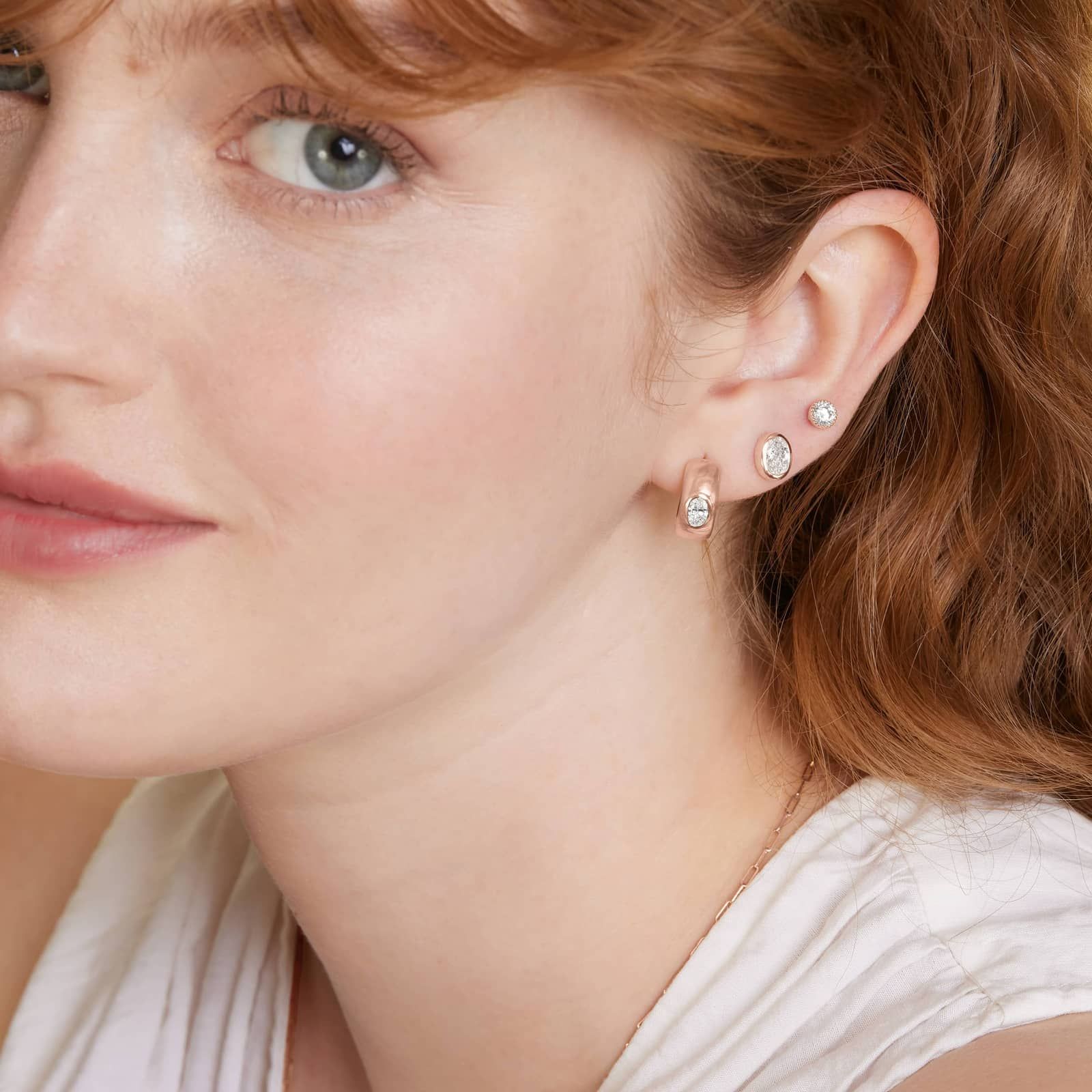 14K Rose Gold Fancy Bezels Lab Grown Oval Diamond Stud Earrings